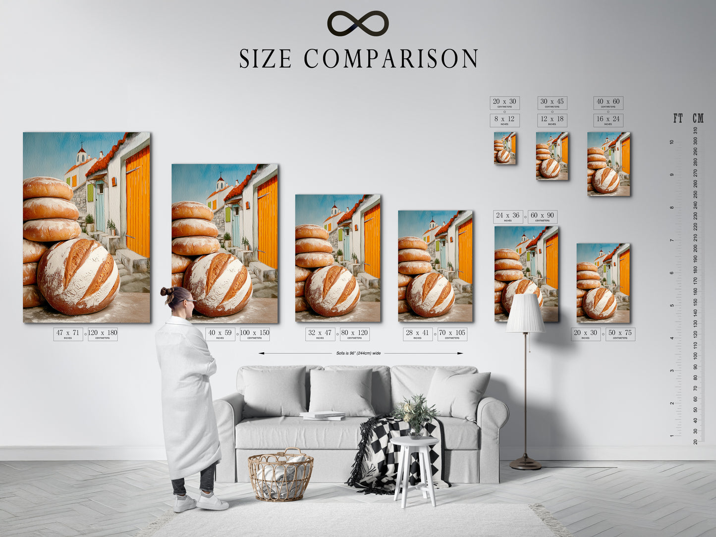 Size comparison chart in an interior setting. Showing available sizes for rustic artwork. Ideal for homeowners renters and interior designers. It suits farmhouse country or French-inspired styles. The artwork adds warmth to any space.