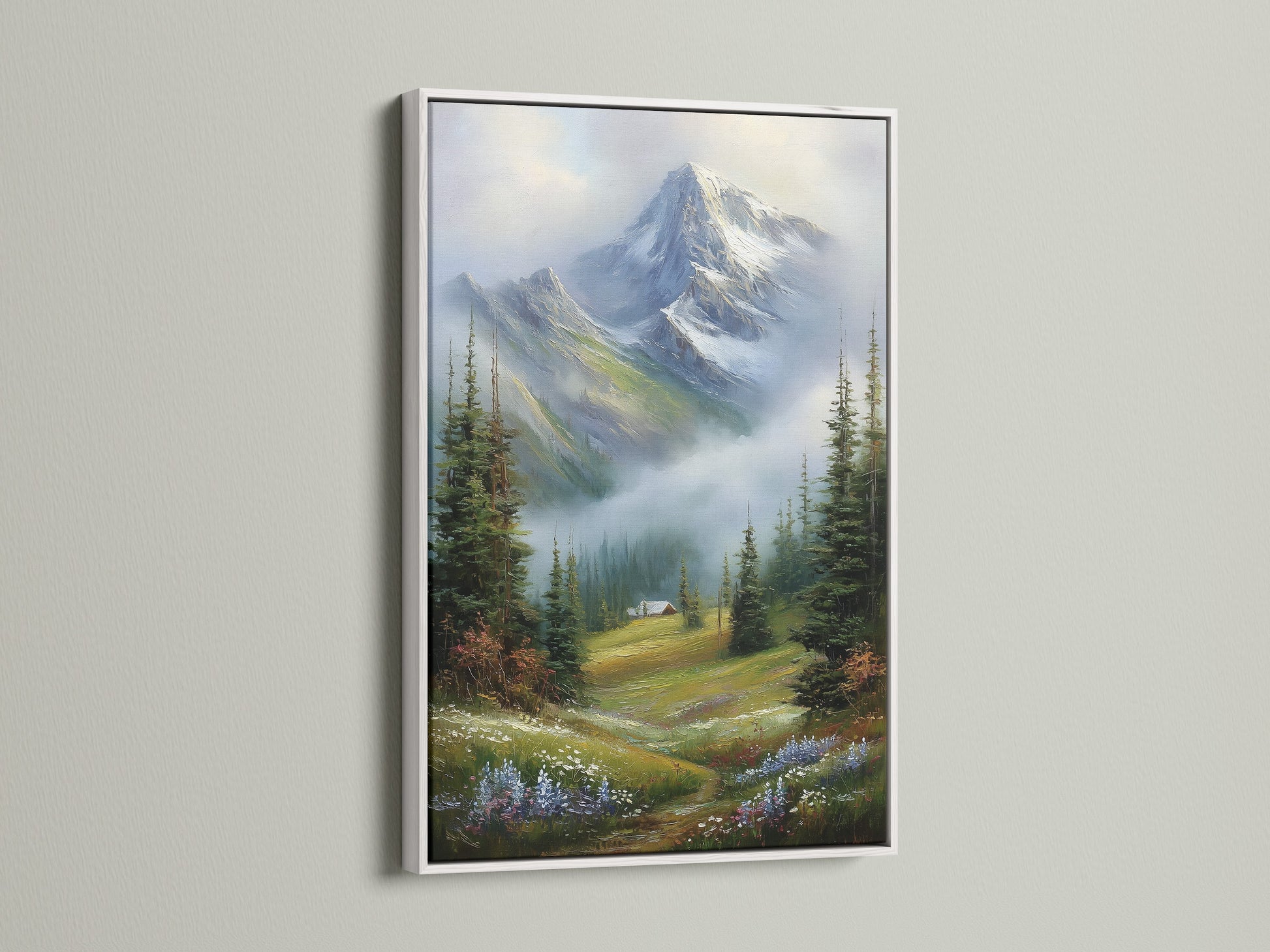 A pristine white frame surrounds a beautiful mountain landscape artwork. The white frame offers a clean and modern look. The art piece will brighten any room. Elevate your home decor with framed elegance.