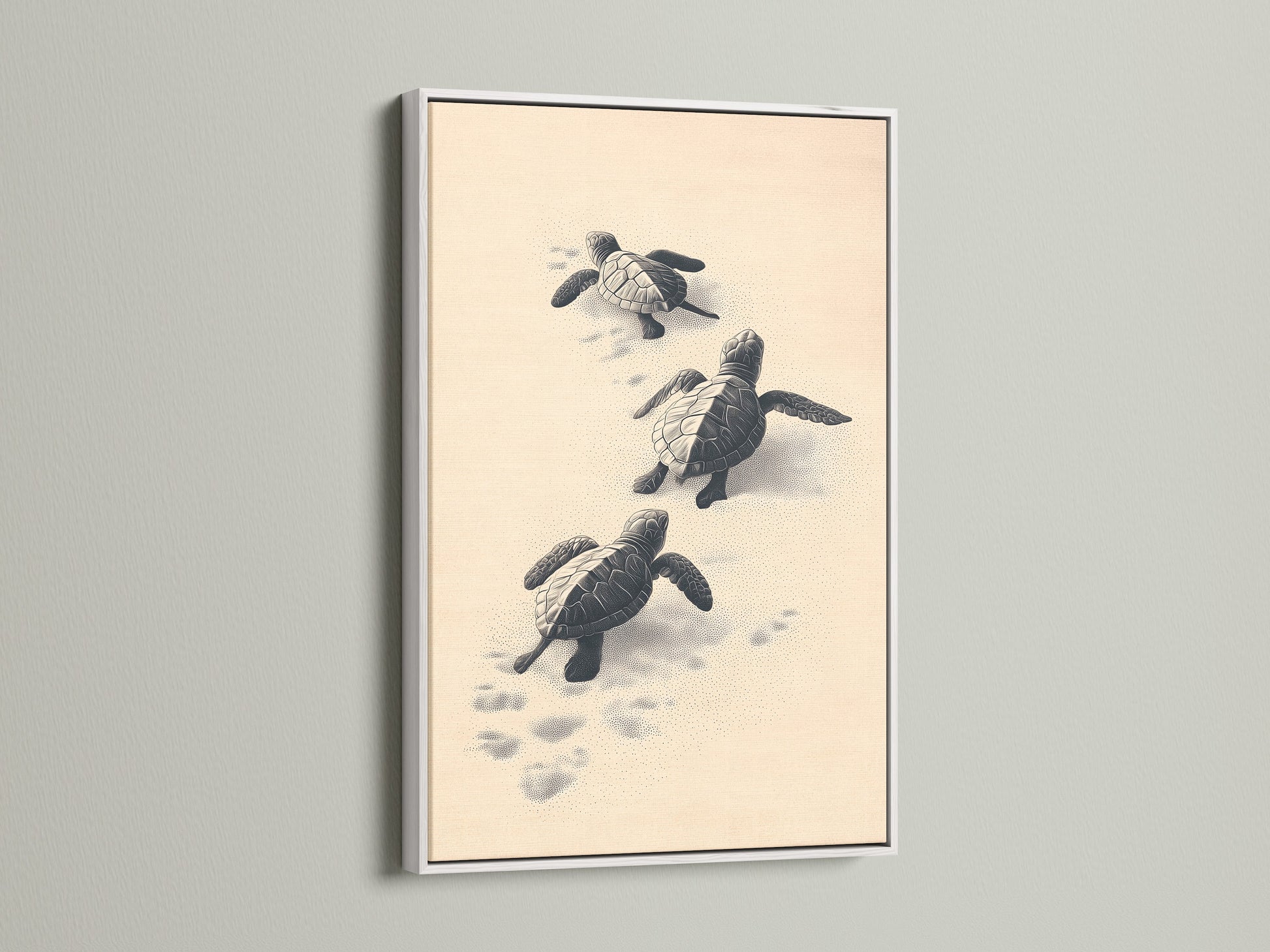 Baby Turtles Beach Wall Art with a white frame. This coastal nursery decor brings a calming touch. The white frame enhances the artwork. It is ideal for a serene bathroom or kid's room.