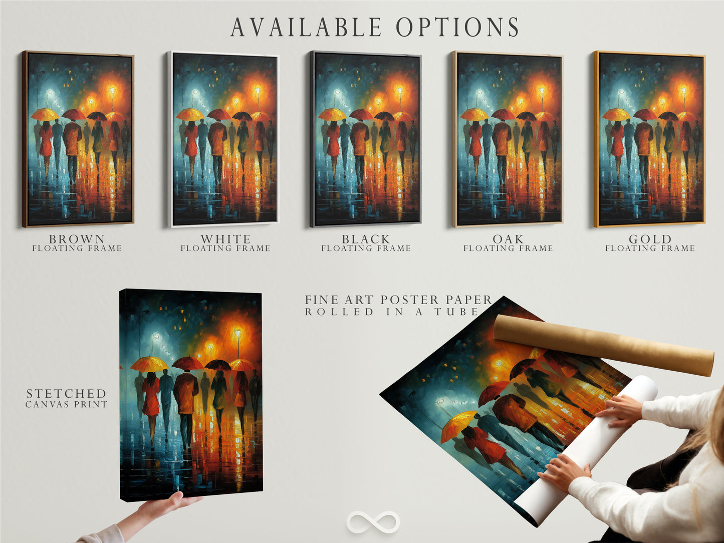 Available options for the rainy city walk artwork. Choose from a stretched canvas print a fine art poster paper or a floating frame. Each option enhances the modern artwork's appeal. Perfect for any space.