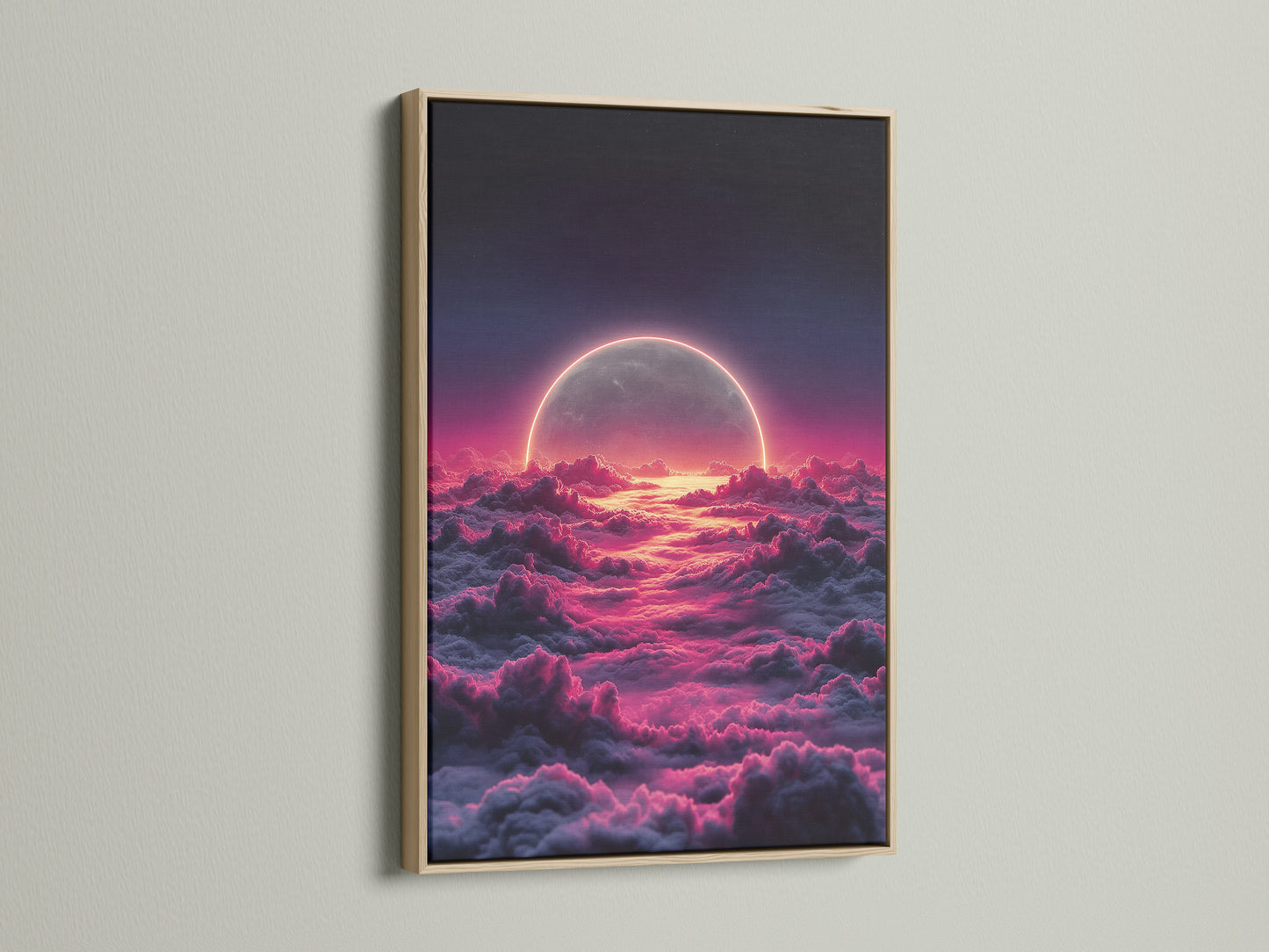 The celestial moon artwork is showcased in an oak frame. The pink cloud print enhances the dreamy sky art. It is perfect for a bedroom. This moonscape print brings cosmic beauty to any room. Elevate your space with this stunning artwork.
