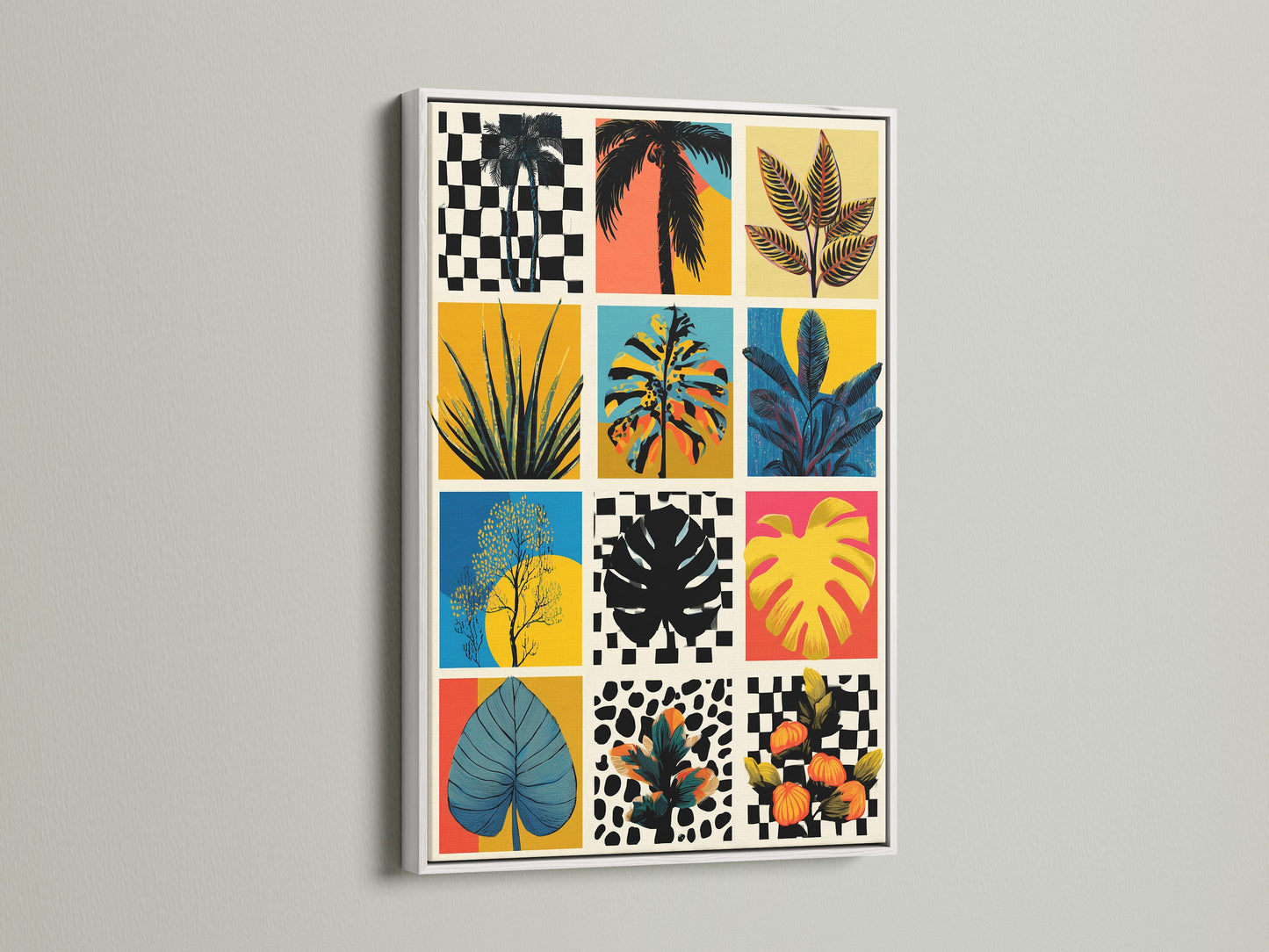 White frame. This beautiful artwork showcases a grid of tropical-themed squares. The art includes palm trees monstera leaves and other tropical plants. Its a great piece to add a touch of paradise to any room. The white frame enhances the vibrant colors.