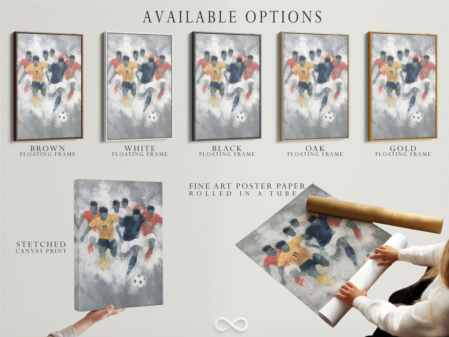 An array of available options for the soccer abstract art print. Choose from a stretched canvas print a fine art poster paper or a floating frame. Customize your sports wall decor to match your style. Find the perfect format for your new soccer artwork.