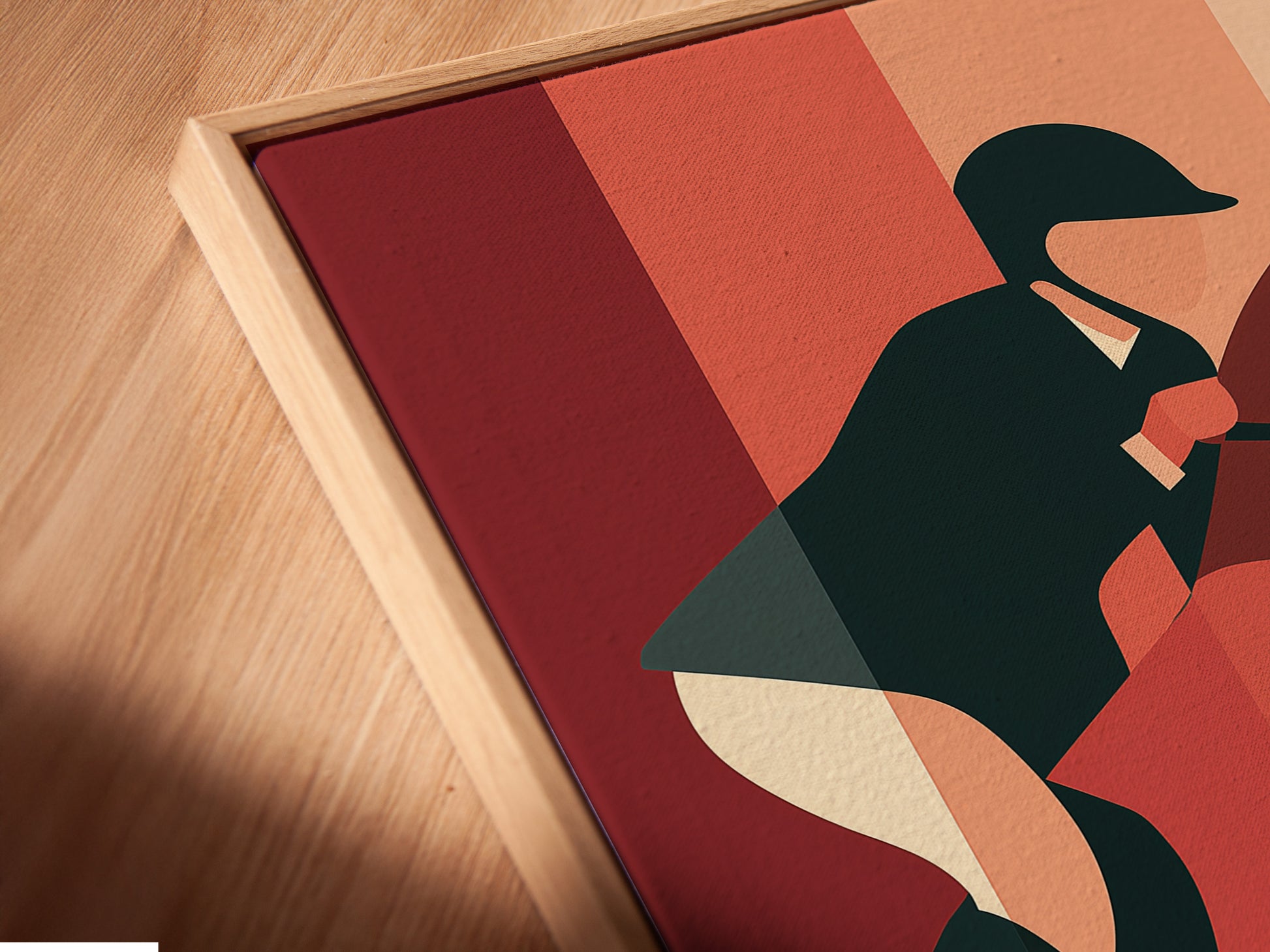 Angled close up of a canvas print in a floating frame. The floating frame creates a modern and elegant look. The canvas print features vibrant colors and intricate details. Enhance your art collection today.