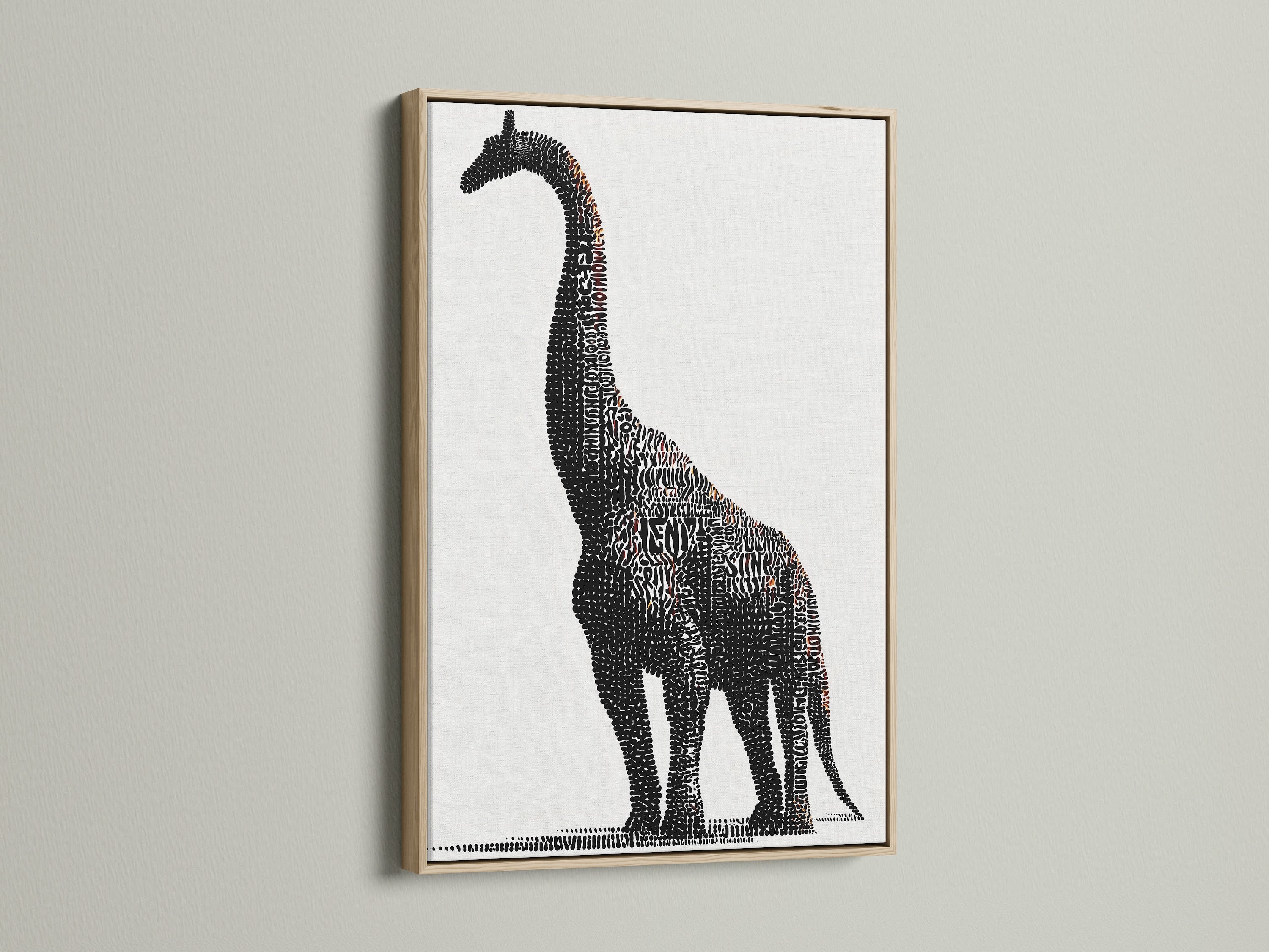 A close-up of dinosaur typography artwork. The Brontosaurus word art canvas print is displayed in an oak frame. The black and white art is a modern touch for a kids room. Perfect wall decor for a nursery or playroom. The frame complements the artwork adding warmth.