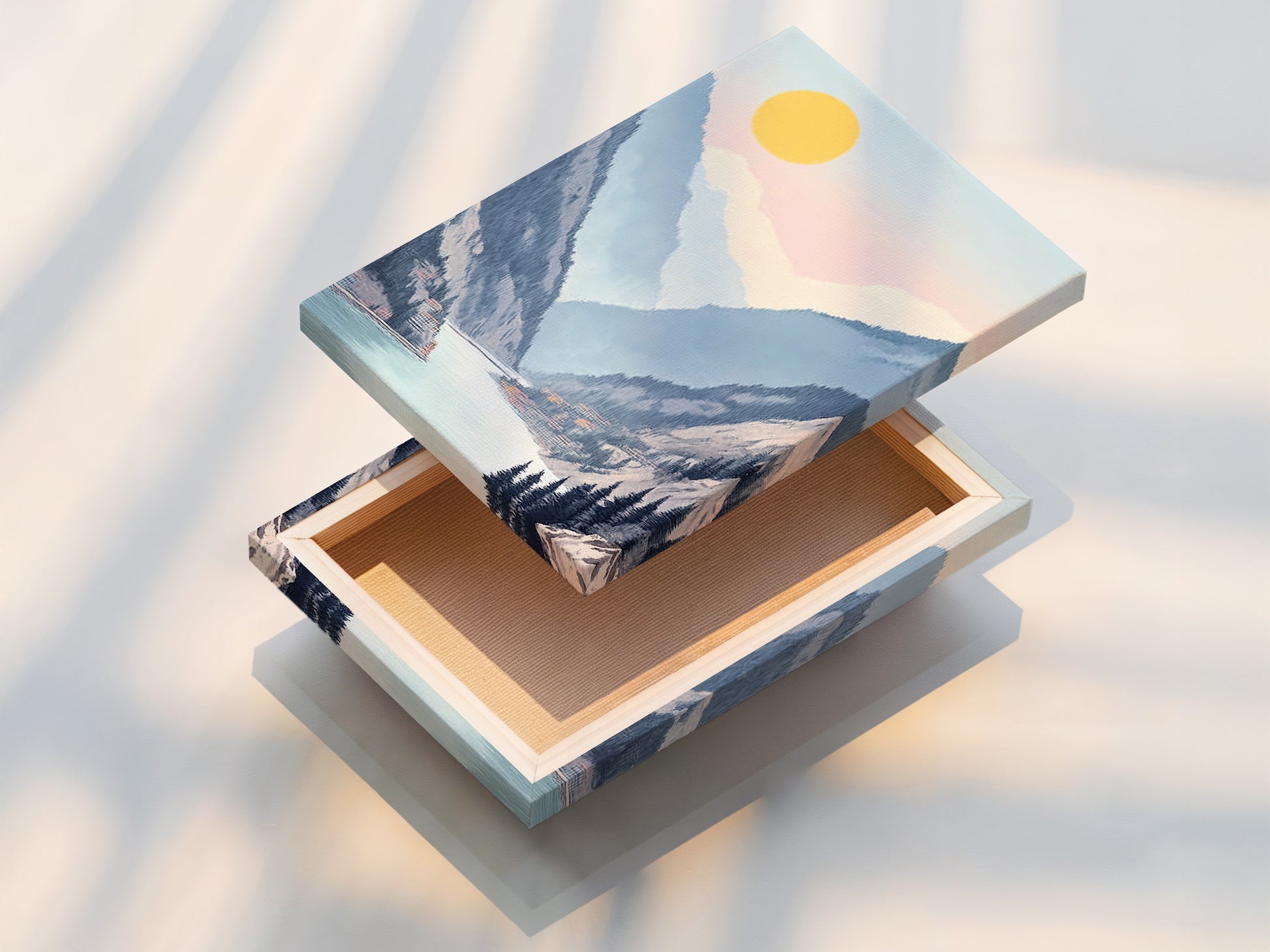 This stretched canvas print features a breathtaking mountain lake. The serene valley artwork is ready to hang. It brings a touch of nature to any room. Perfect for modern contemporary wall decor. Enhance your living room bedroom or office with this tranquil landscape.