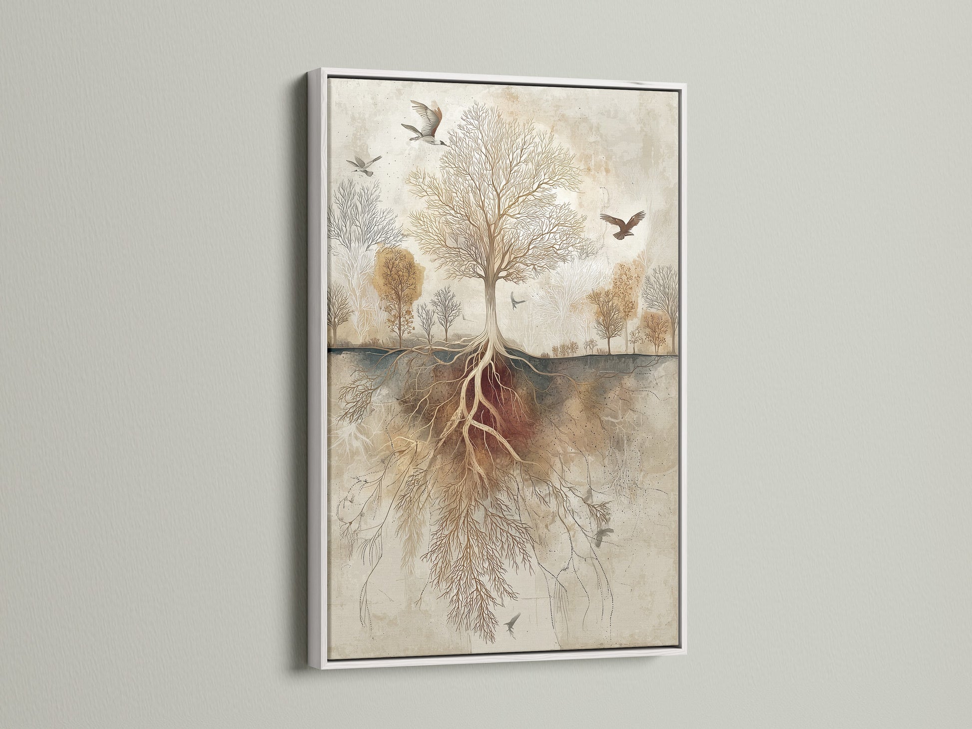 See artwork displayed in a white frame. A clean and modern look for any space. The white frame accentuates the artwork. It offers a fresh and contemporary feel. Ideal for minimalist or bright interiors. The white frame adds sophistication. It makes the artwork pop.