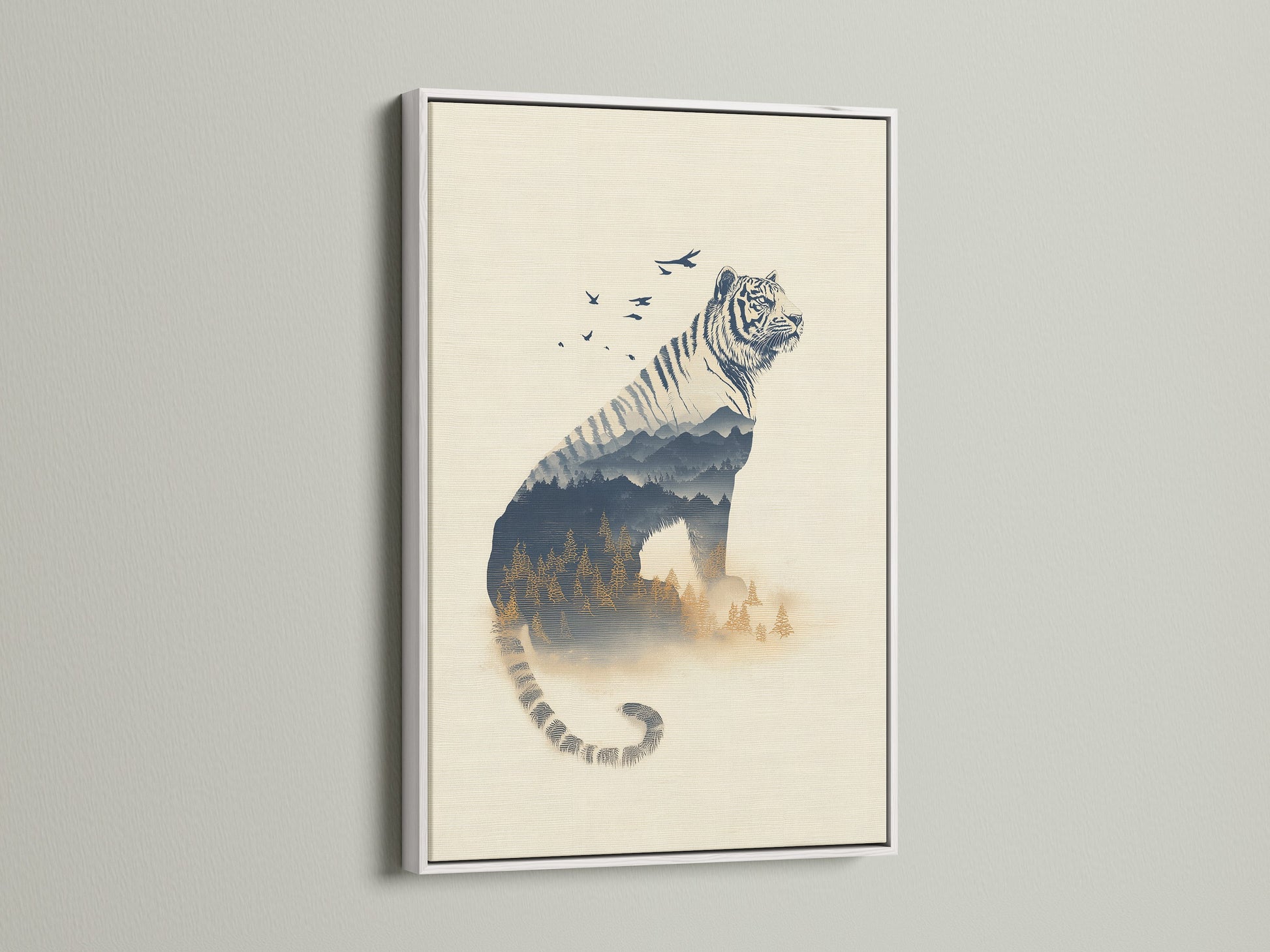 This white frame beautifully showcases the tiger double exposure artwork. A wildlife canvas print with a clean modern look. This artwork is great for adding a fresh touch to any room. The white frame complements the misty forest print perfectly.