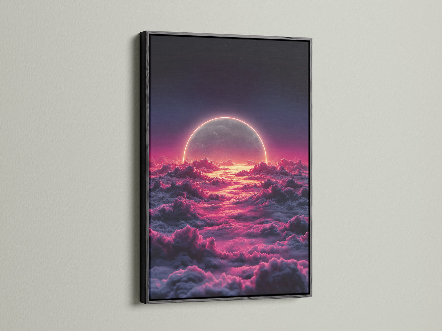 The celestial moon artwork is presented in a black frame. Pink and purple hues create a dreamy aesthetic. Ideal for modern bedroom decor. The moon canvas is a cosmic focal point. Add depth and style with this space-themed art.