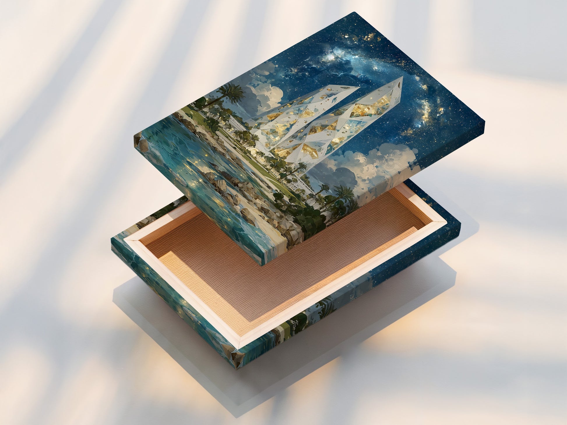 This is a stretched canvas print of Crystal Tower art. The sci-fi architecture is vibrant and detailed. The stretched canvas provides a gallery-ready look. Add this modern canvas art to your home or office today.