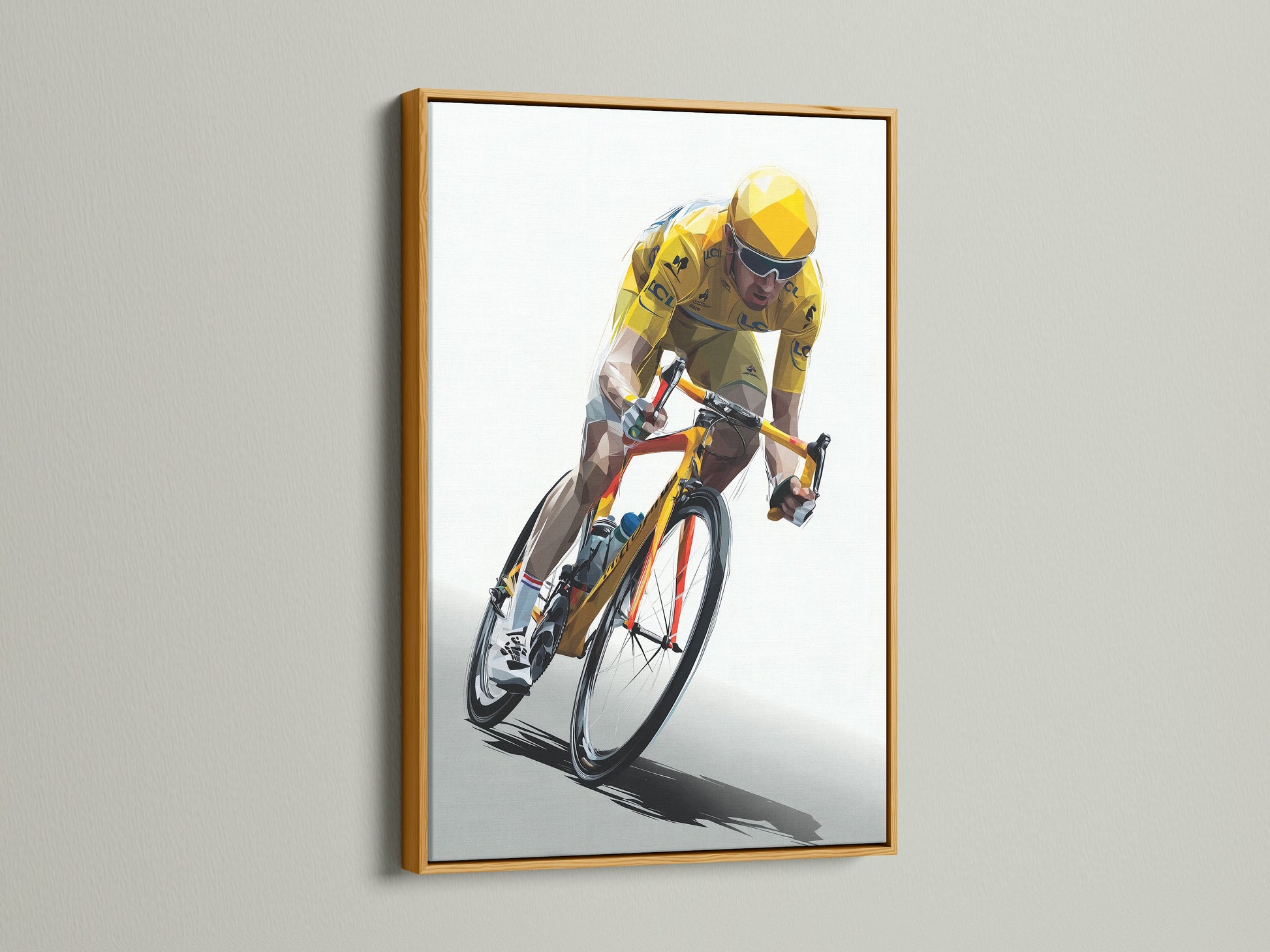 Artwork featuring a cyclist in a dynamic pose is framed in a luxurious gold finish. The print is displayed on a wall. The gold frame adds a touch of glamour.  Add a touch of luxury to your artwork. Frame your favorite artwork with this gold frame.  Explore our frame options.