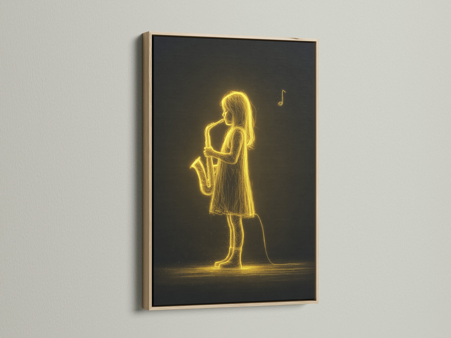 The Saxophone Player Art Print is showcased in an oak frame. The natural wood grain complements the neon golden music wall art. It is ideal for adding warmth to any room. A timeless choice for jazz enthusiasts