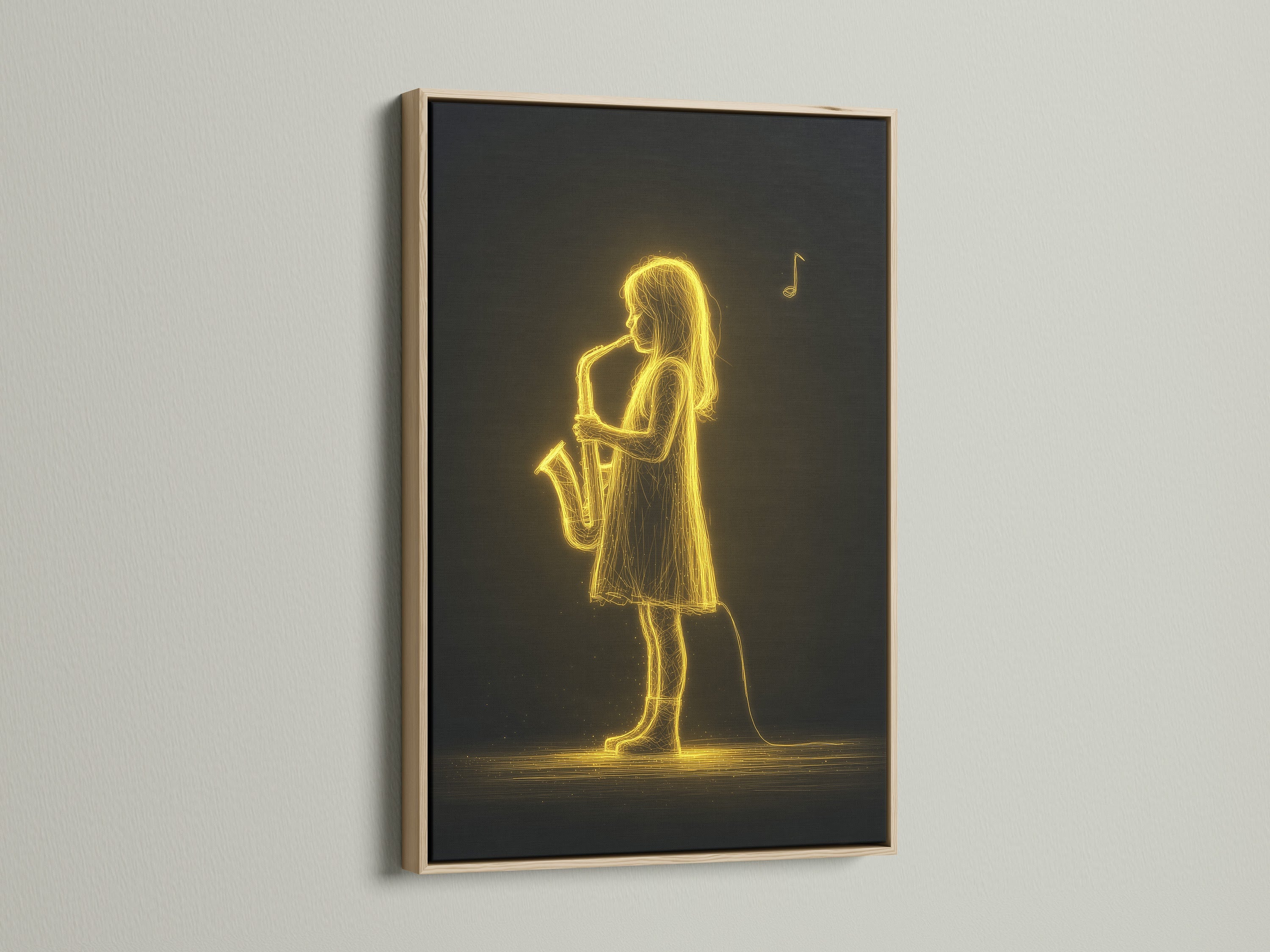 The Saxophone Player Art Print is showcased in an oak frame. The natural wood grain complements the neon golden music wall art. It is ideal for adding warmth to any room. A timeless choice for jazz enthusiasts