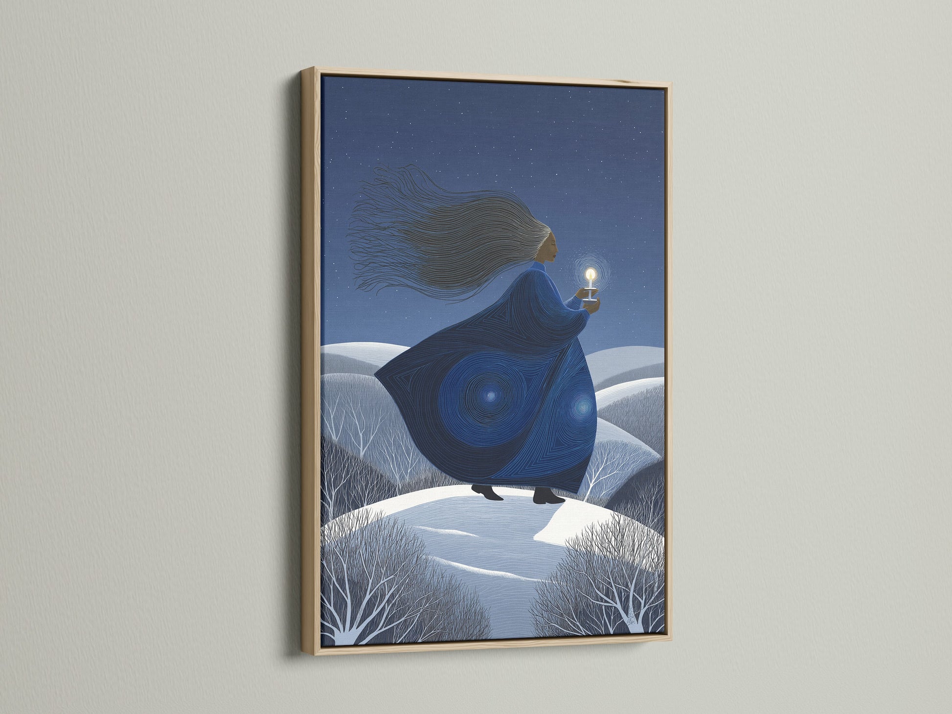 Mystical Woman canvas print in an oak frame. Enhance your space with this dreamy night art. The spiritual artwork brings magical realism to your walls. This starry landscape adds a contemporary style to any room. Perfect for minimalist homes.