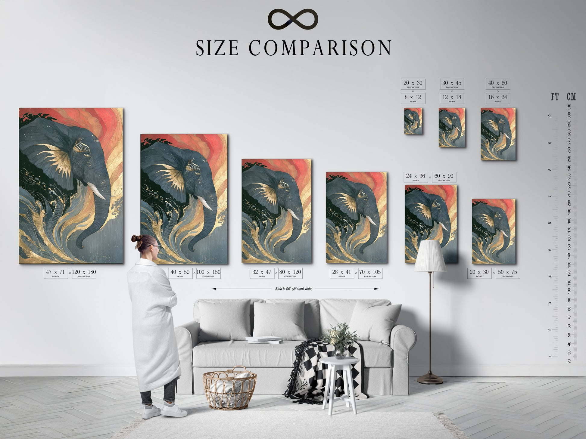 Size comparison chart displayed in an interior setting showing various sizes of the elephant and Japanese wave art print. Visualize how this coral pink and teal artwork fits into your space. Find the perfect size for your decor.