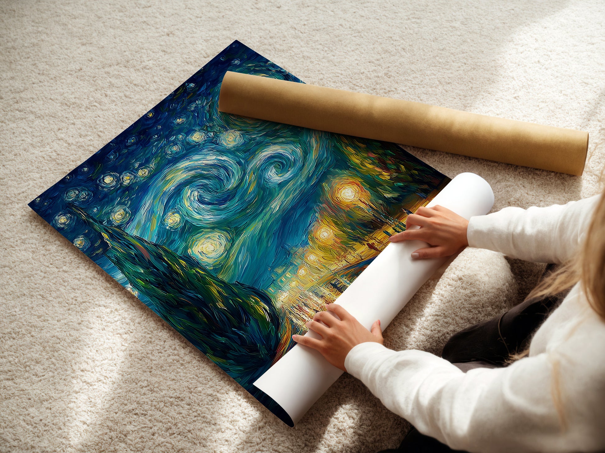 A woman rolling fine art poster paper. High-quality poster paper ensures your artwork looks its best. The paper is smooth and durable. Perfect for showcasing intricate details and vibrant colors. Get your fine art prints today.