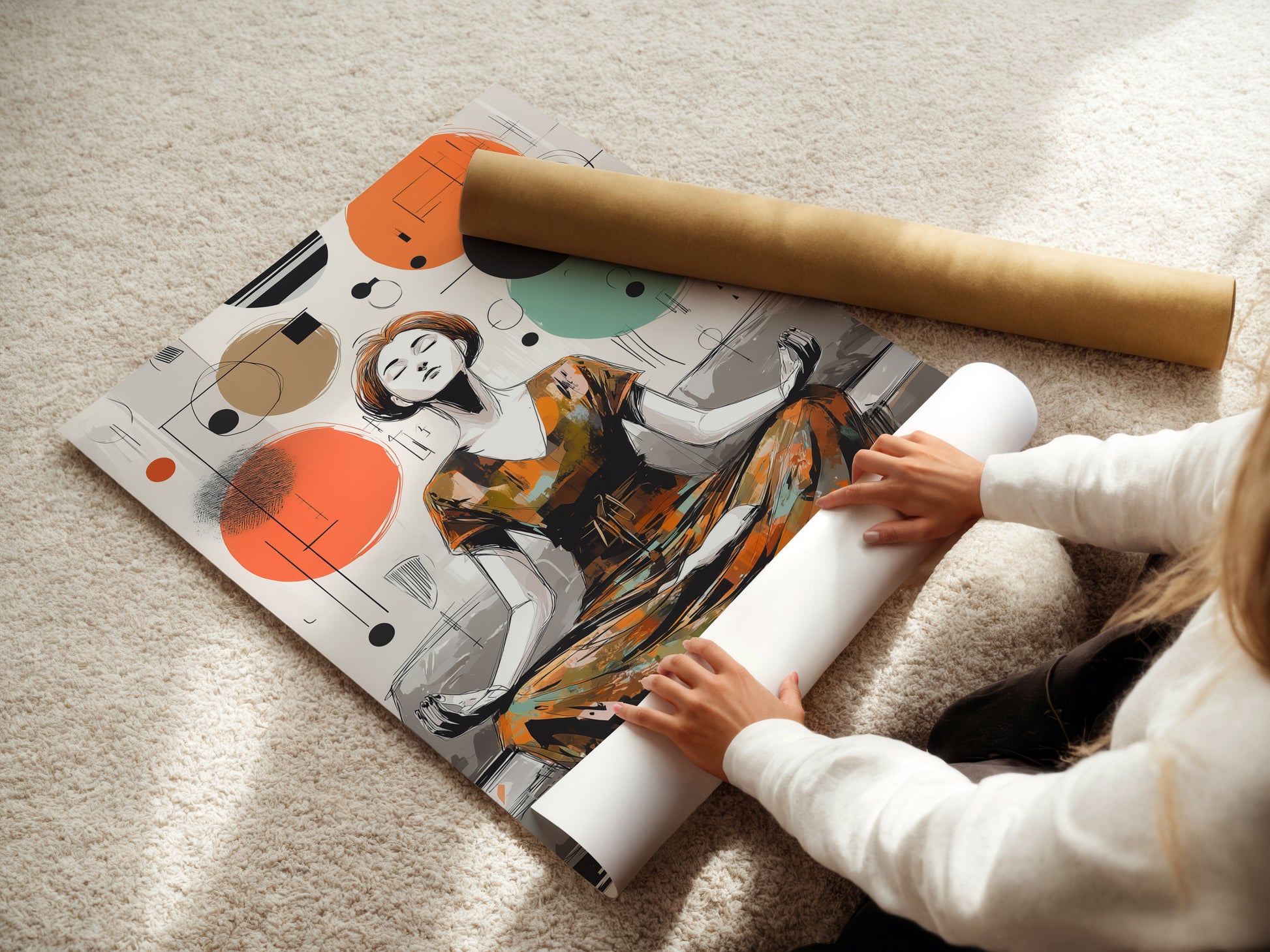 A woman is carefully rolling a fine art poster paper. The paper features an abstract meditation art print. This highlights the quality and care in handling fine art prints. The poster is perfect for framing.