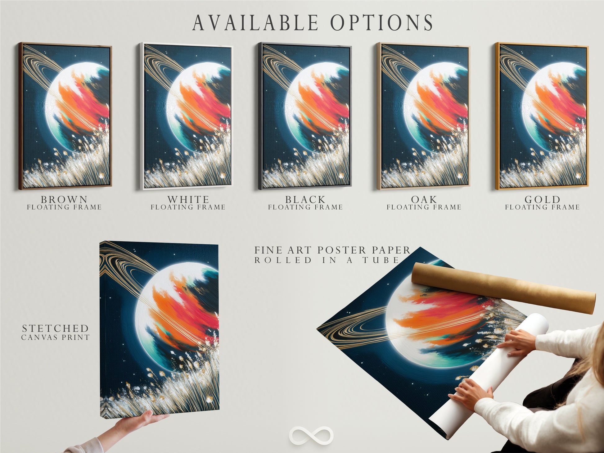 Explore available options for Saturn art. Choose from a stretched canvas print fine art poster paper or a floating frame. The space canvas offers versatile display styles. The galaxy wall art suits any decor. Customize your celestial home decor. The colorful art is yours to create.
