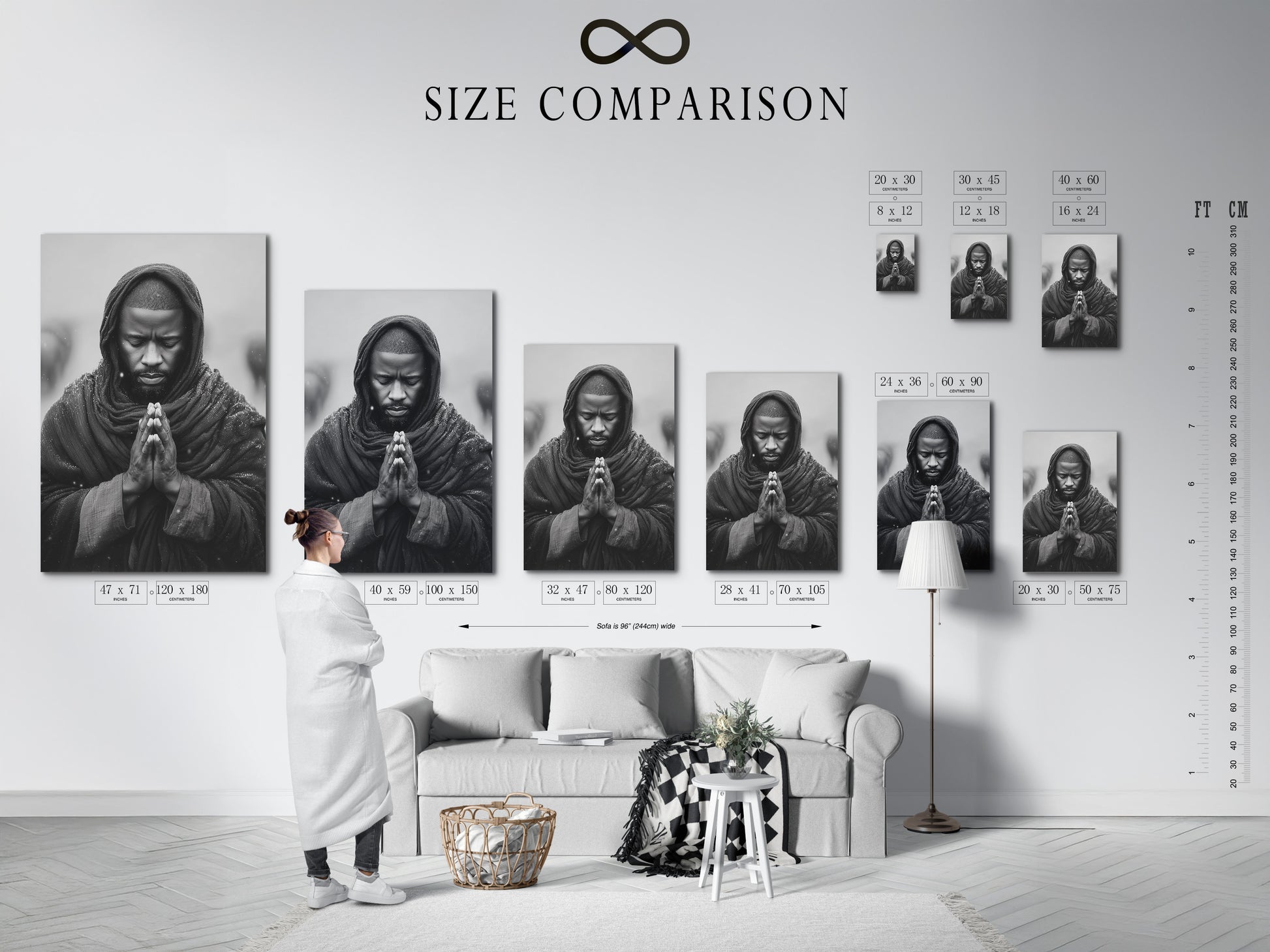 A size comparison chart is displayed in an interior setting. The chart showcases the different sizes available for artwork. It helps you visualize how the artwork will look in your space. This tool assists you in making the perfect choice for your needs. It ensures a perfect fit with your home decor.