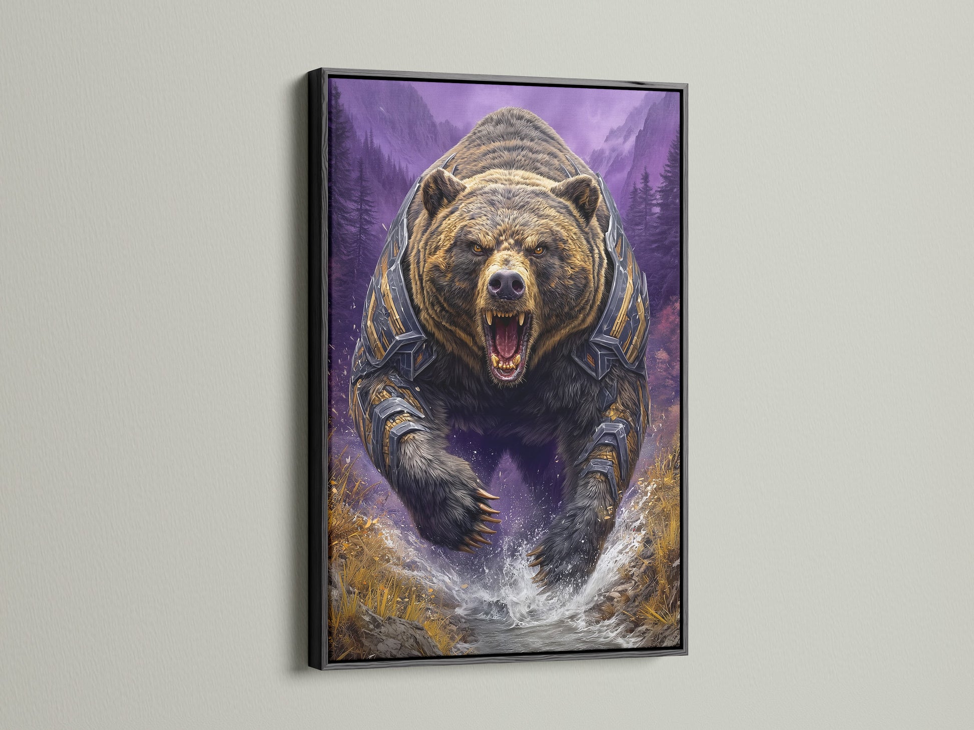 Grizzly Bear artwork showcased in a black frame. Fantasy wildlife art with a bear in armor and purple mountains. A bold statement piece for a man cave or adventure themed room. Explore our options now.