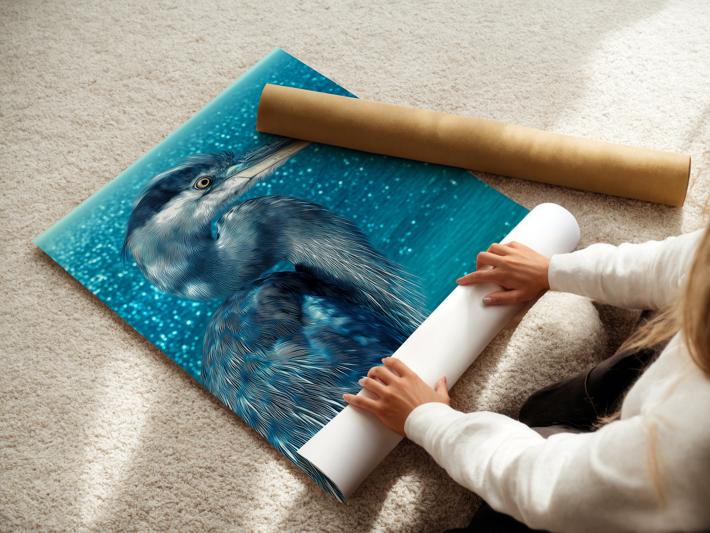A woman carefully rolls a fine art poster paper. She is preparing heron artwork for display. This high-quality print captures the essence of coastal art. It is perfect for those who appreciate detailed bird photography.
