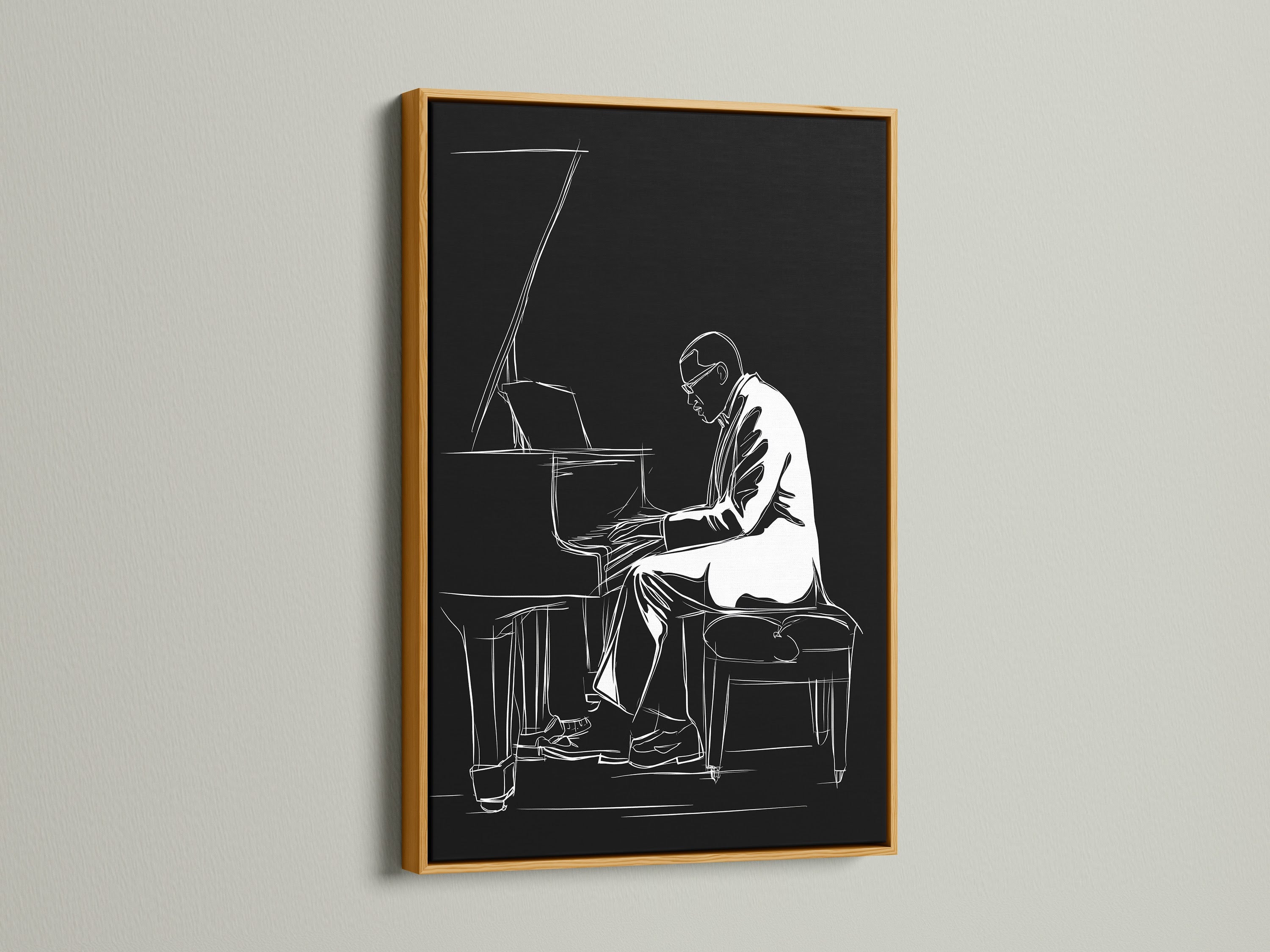 Black and White Jazz Piano artwork presented in a gold frame. This artwork adds a touch of elegance to any space. The gold frame complements the minimalist musician artwork. Perfect for music room decor and contemporary wall decor. It's a beautiful piano player print.