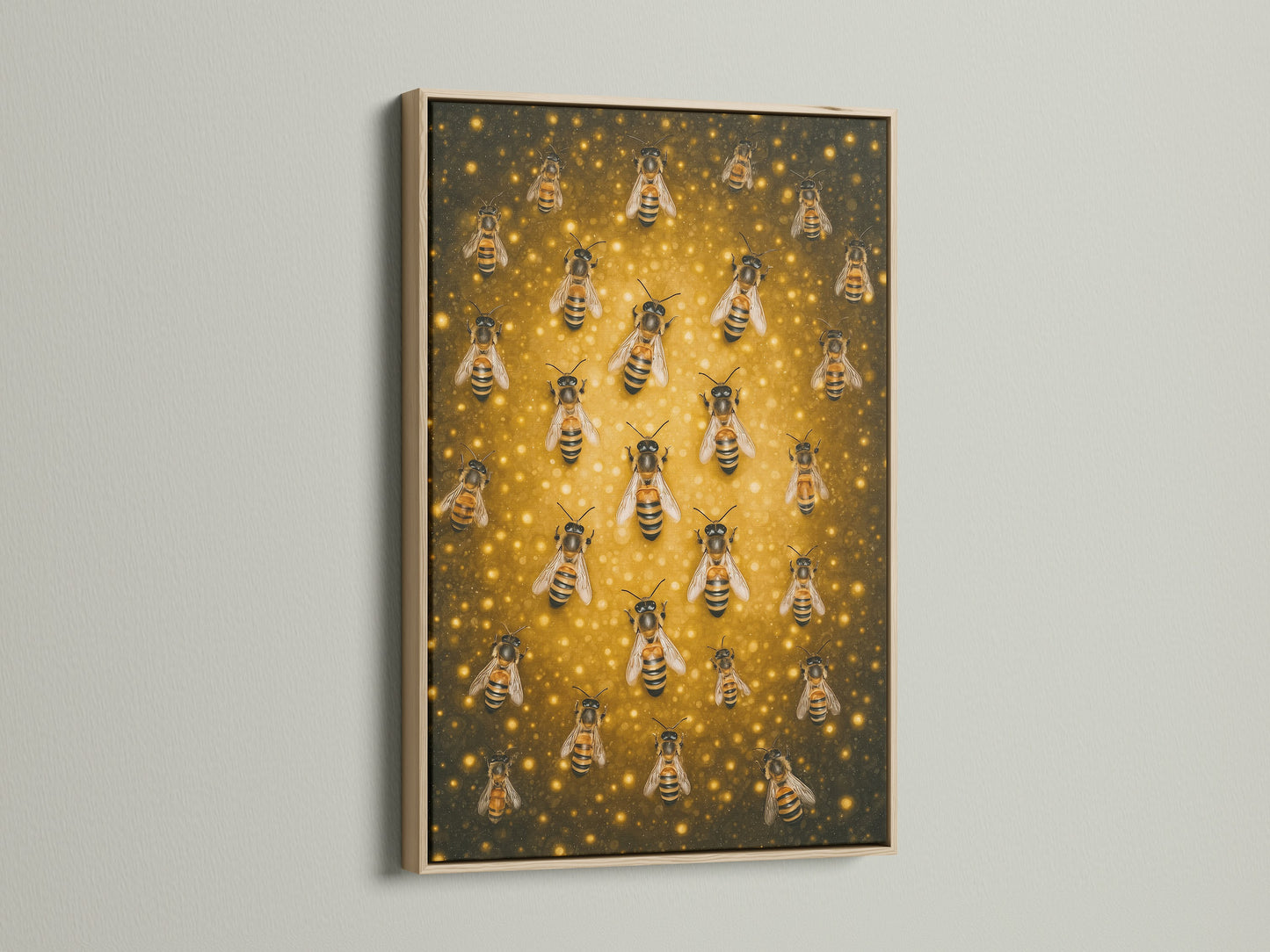 The honey bee artwork is displayed in an oak frame. The oak frame brings out the gold tones in the artwork. It is a stunning piece for a rustic or modern space. This framed canvas print adds natural beauty to your home decor.