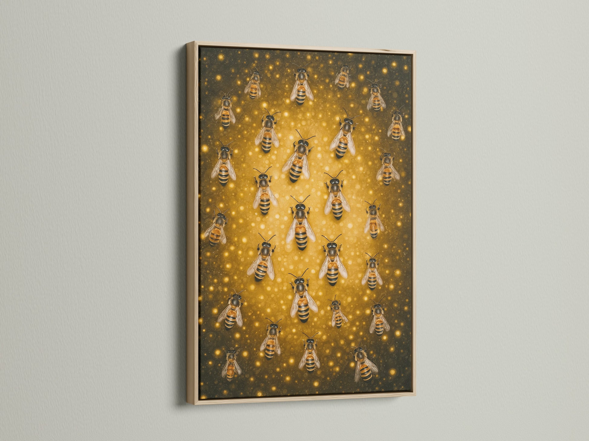 The honey bee artwork is displayed in an oak frame. The oak frame brings out the gold tones in the artwork. It is a stunning piece for a rustic or modern space. This framed canvas print adds natural beauty to your home decor.
