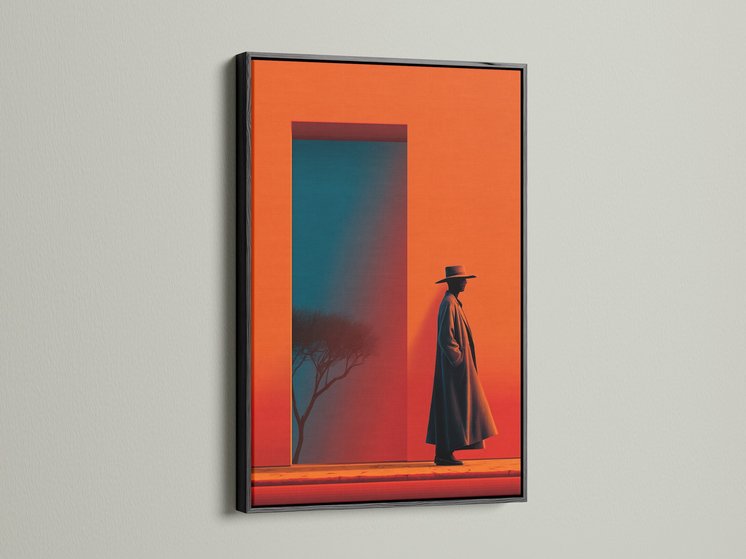 Check out the Western Cowboy desert art print in a black frame. The silhouette art is perfect for a man cave or lounge. Its orange and teal colors bring a southwestern vibe. The black frame adds sophistication.