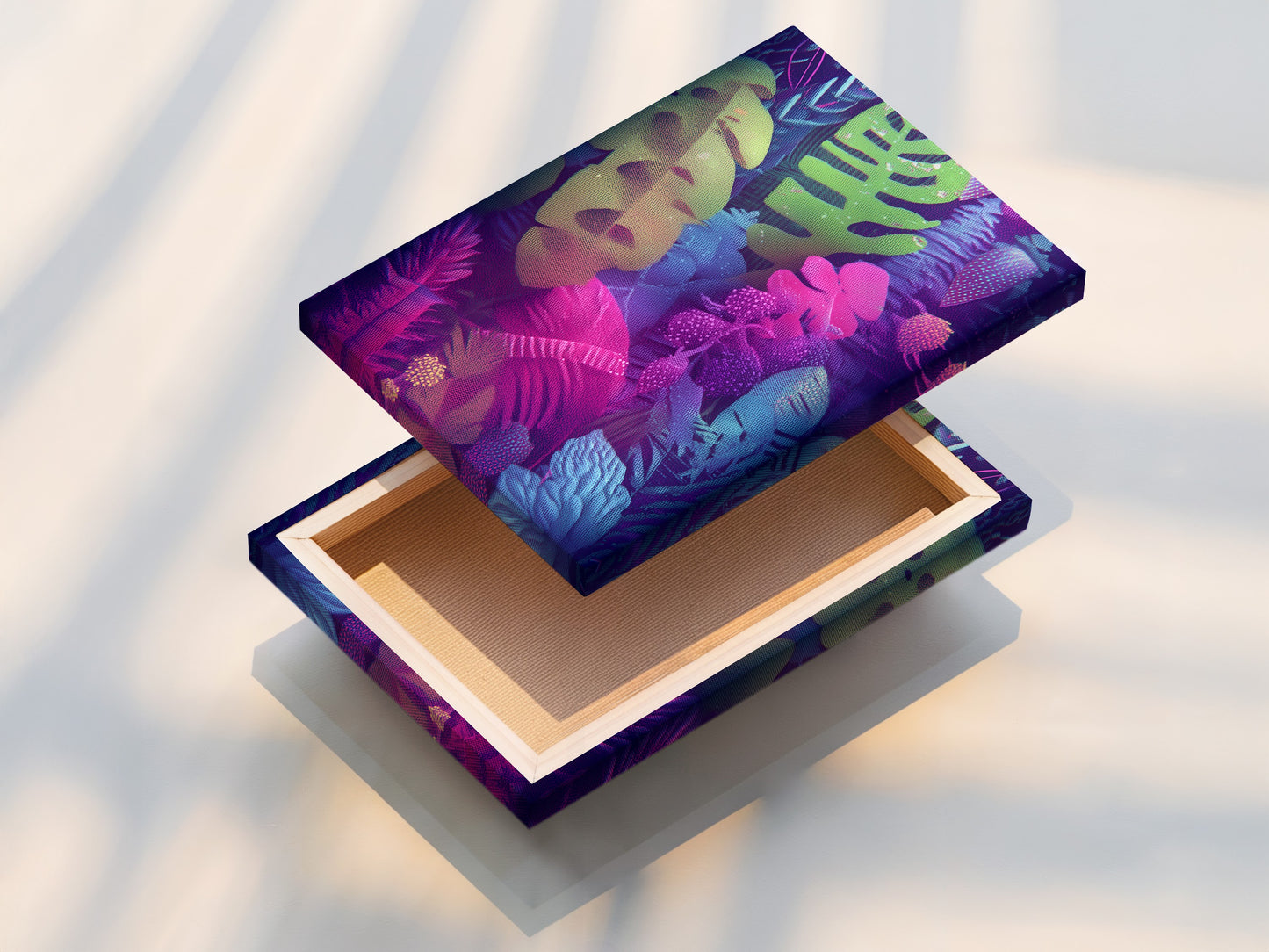 A stretched canvas print featuring tropical leaves. This neon botanical wall art is ready to hang. This modern exotic foliage poster offers a gallery-wrapped look. Perfect for adding a touch of vibrant decor to your living space.