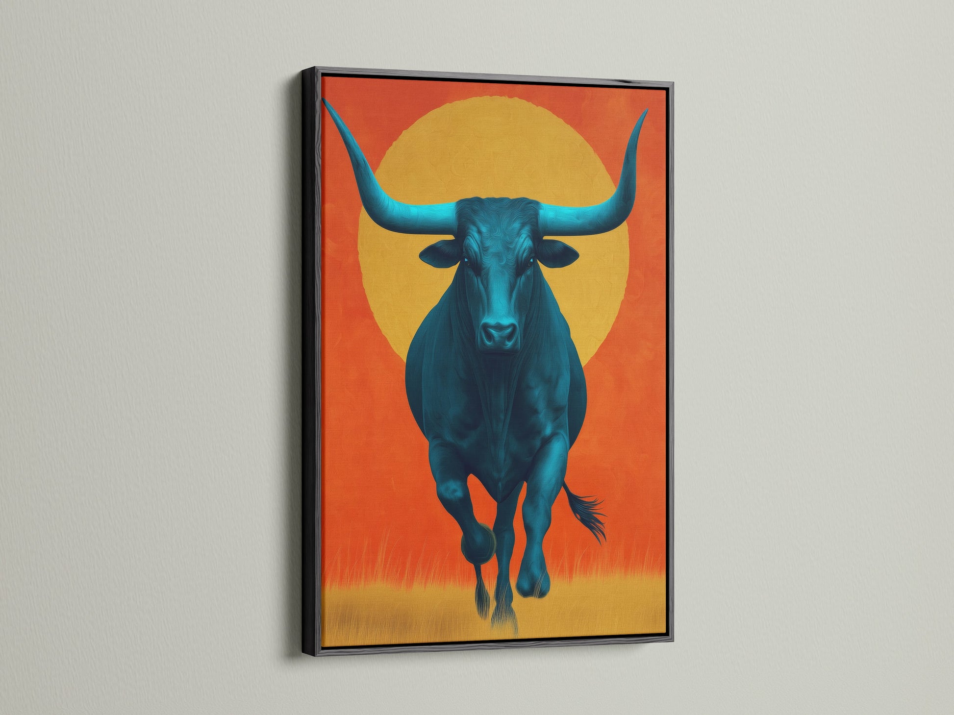 Check out this bold teal bull artwork showcased in a sleek black frame. This piece is a standout example of modern canvas art. It enhances farmhouse decor with a southwestern vibe. This animal artwork offers a sophisticated touch to your home decor collection.