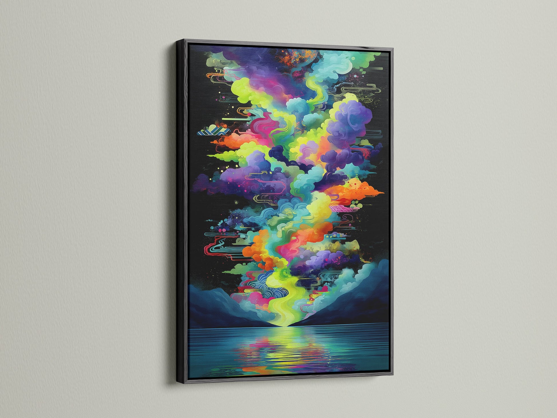 This black frame highlights the vivid wall art. The abstract lake art adds depth and intrigue. This modern artwork is perfect for any room. The colorful cloudscape artwork is a statement piece.