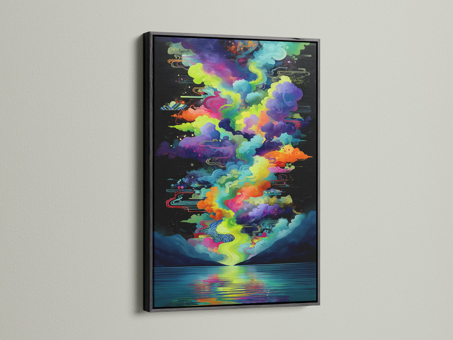 This black frame highlights the vivid wall art. The abstract lake art adds depth and intrigue. This modern artwork is perfect for any room. The colorful cloudscape artwork is a statement piece.