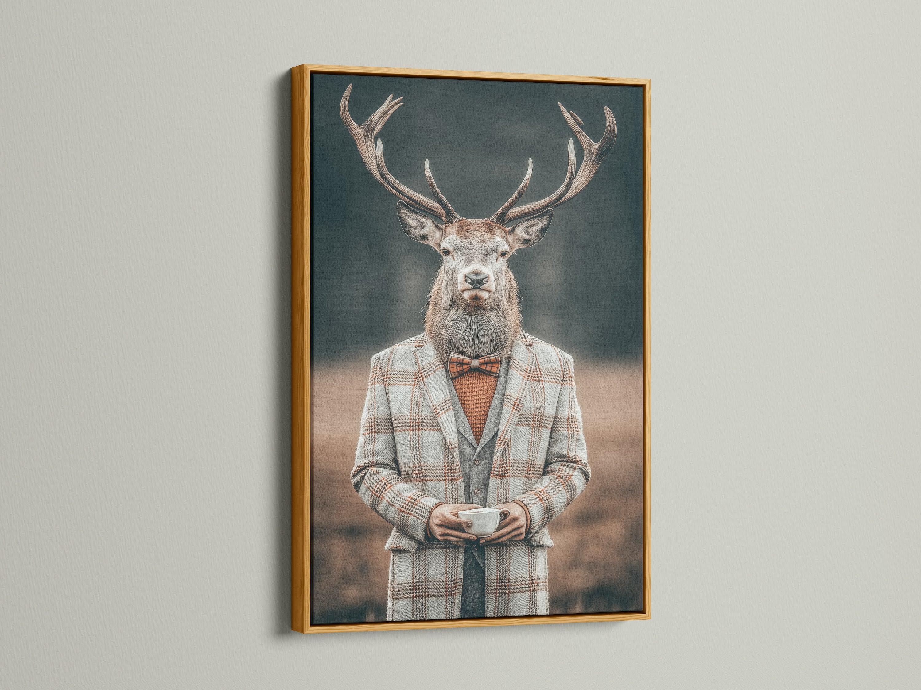 Gentleman Deer art print displayed in a gold frame. This vintage animal portrait canvas adds a touch of luxury to any space. The quirky office decor brings a touch of whimsy. The anthropomorphic art style is sure to impress. This art is perfect for living rooms and offices.