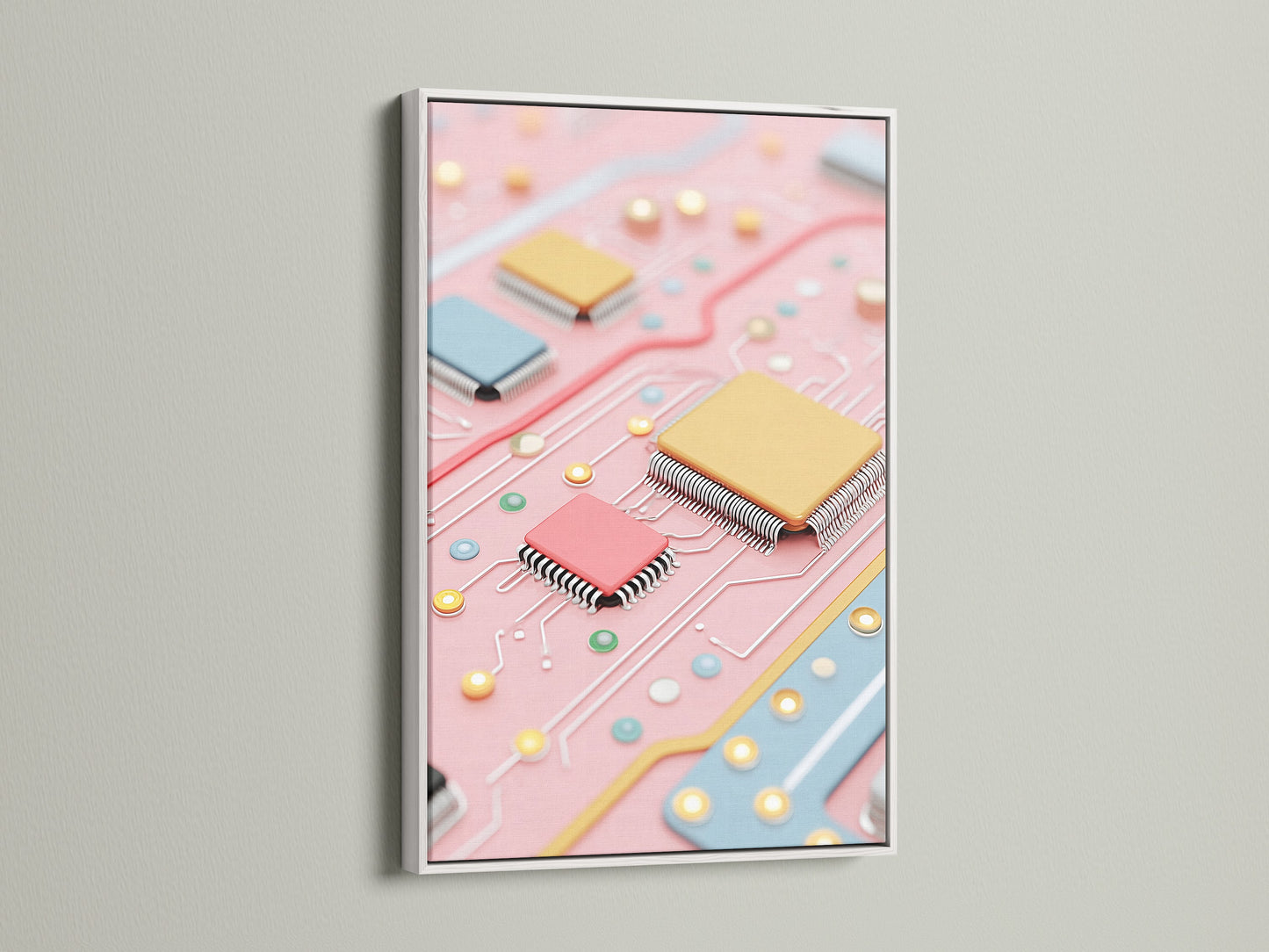 A circuit board art print displayed in a white frame. The pastel pink and blue tones provide a modern look. Ideal geeky home decor for technology lovers. Enhance your office or study with this artwork.