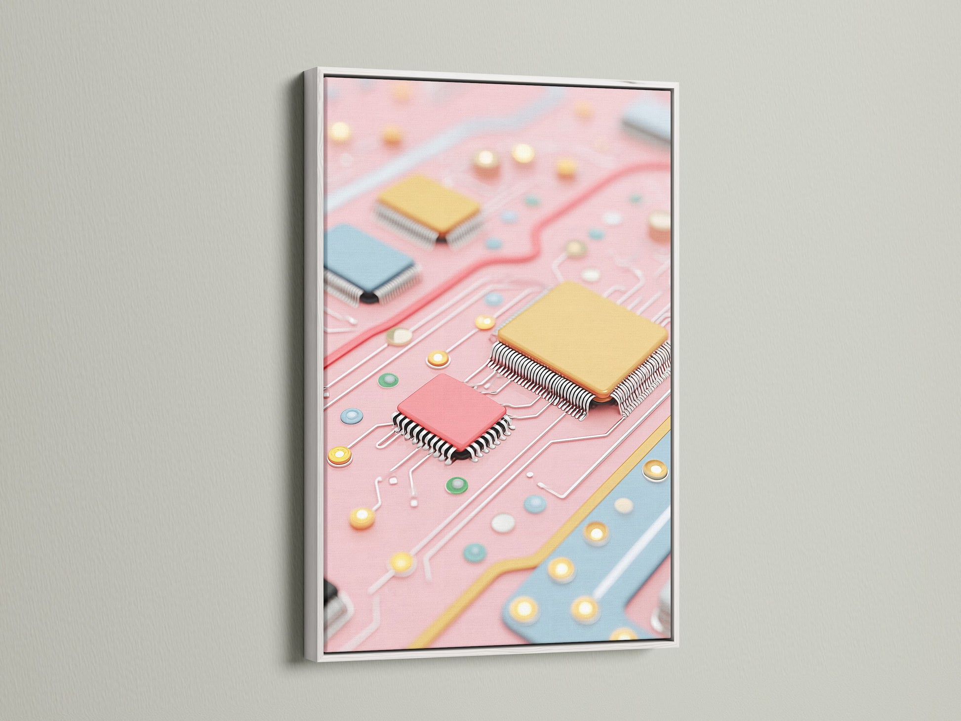 A circuit board art print displayed in a white frame. The pastel pink and blue tones provide a modern look. Ideal geeky home decor for technology lovers. Enhance your office or study with this artwork.