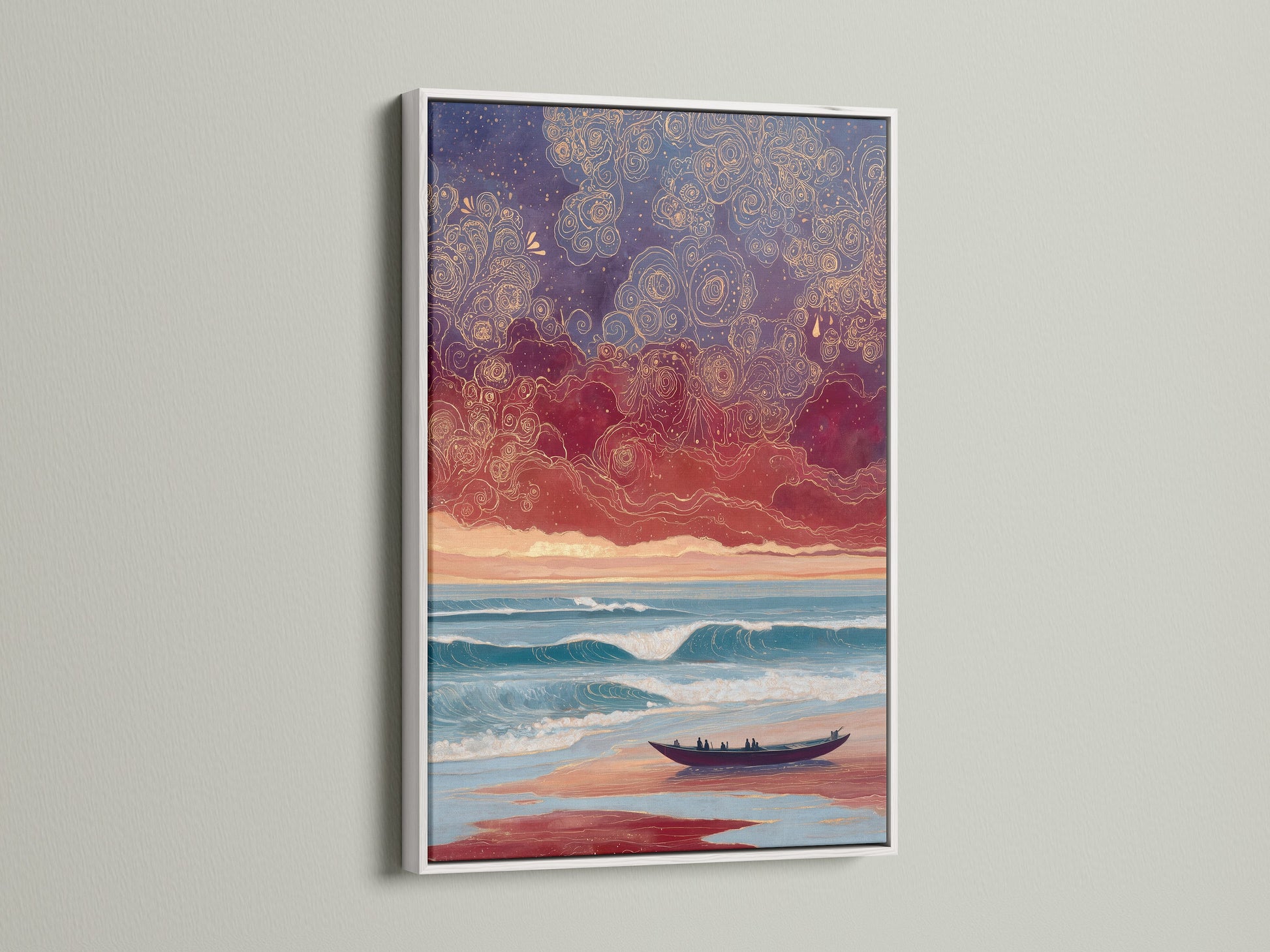 Coastal artwork of a beach at sunset in a white frame. This seascape canvas print creates a calming touch. Perfect for living room wall art or bedroom wall decor. The white frame accentuates the dreamy seascape. Bring the serenity of the ocean into your home.