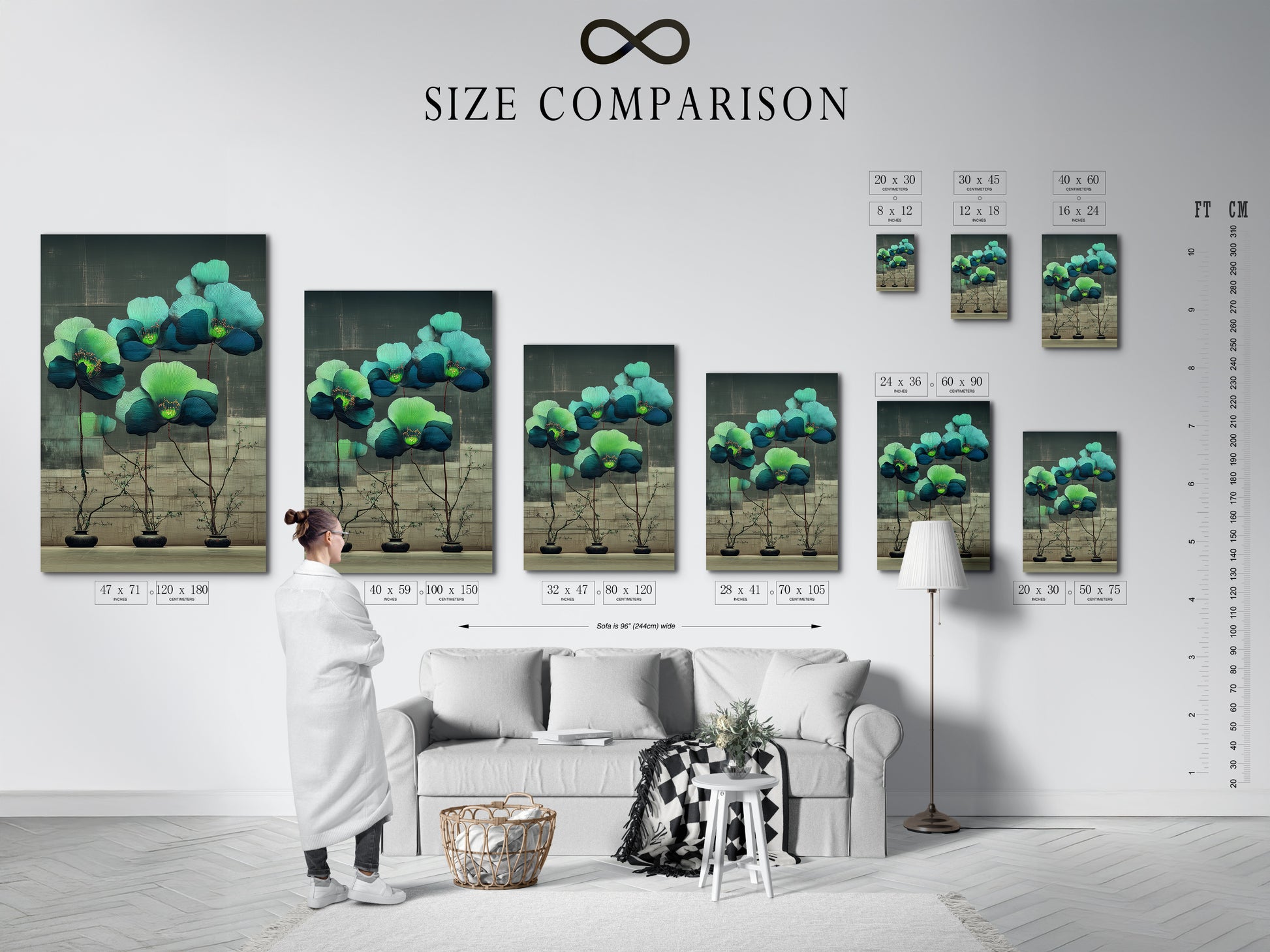 A size comparison chart displayed in an interior setting. This chart helps visualize the different sizes of the floral botanical artwork. It will allow you to select the perfect fit for your wall space.