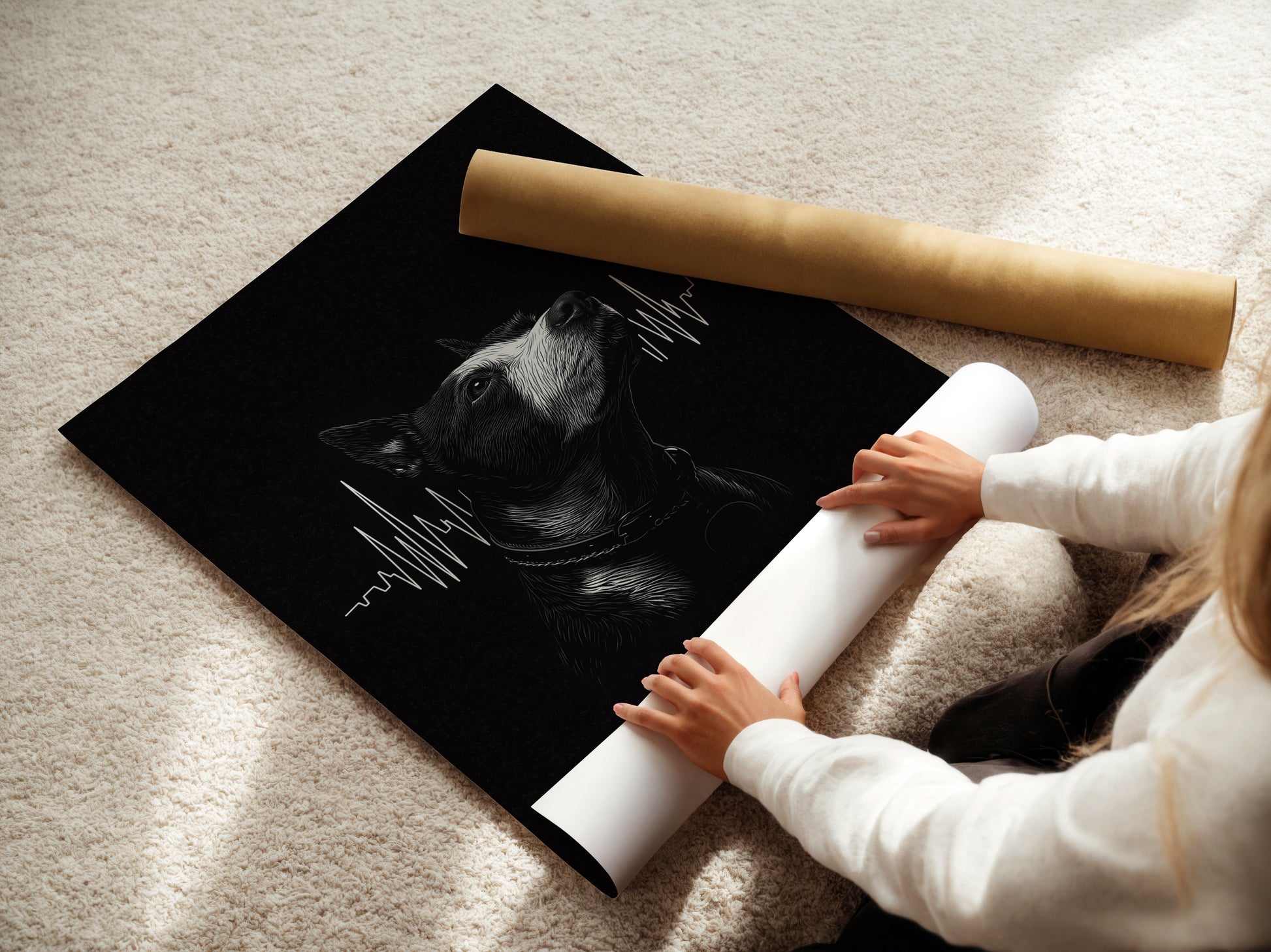 A woman is carefully rolling a fine art poster paper print of a dog heartbeat artwork. The high-quality paper ensures a vibrant and lasting piece. Perfect for framing or displaying as a poster.