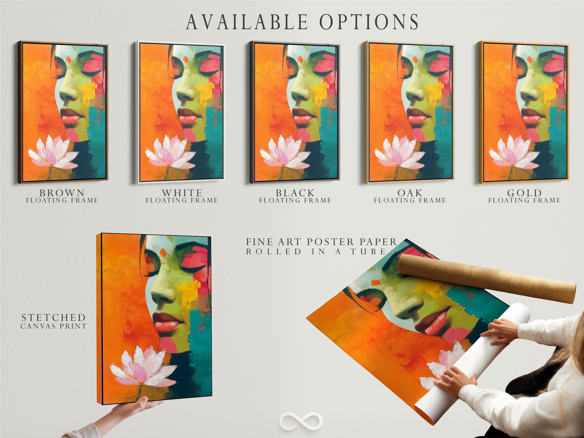 Available options: stretched canvas print fine art poster paper and floating frame. Showcasing abstract woman portrait art with a lotus flower. Choose the perfect format to complement your style. Elevate your space with colorful artwork.