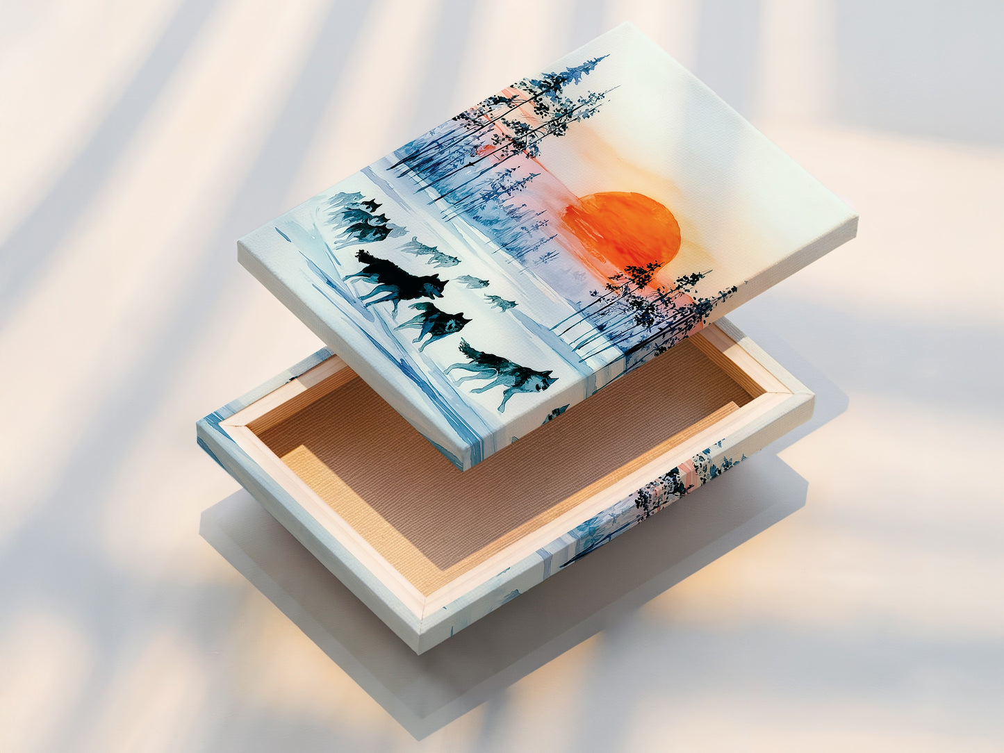 A stretched canvas print displays wolf art in a winter forest. The teal blue landscape enhances its visual appeal. This piece is perfect for rustic cabin or modern home decor. Ready to hang and enjoy.