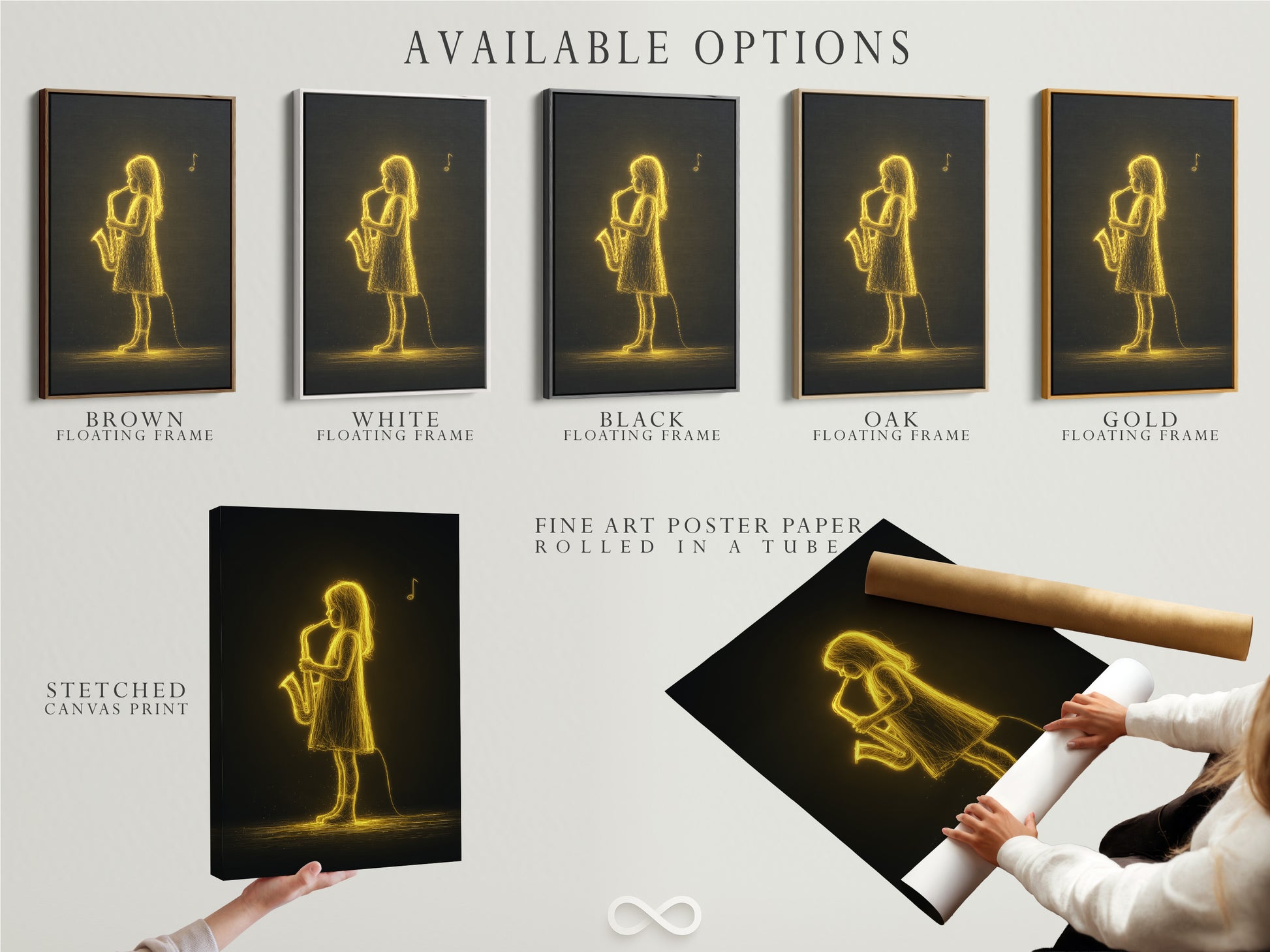 Explore available options for the Saxophone Player. Options include a stretched canvas print fine art poster paper and floating frame. Select the perfect format to suit your personal style. Enhance your jazz artwork experience
