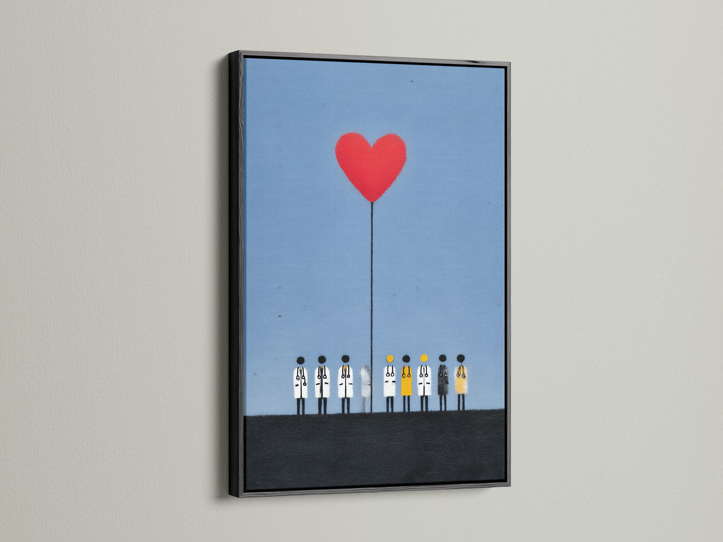 A modern artwork showing medical staff with a red heart balloon. The print is set in a black frame. The black frame adds a bold touch. Perfect as medical wall art or doctor office decor. This artwork celebrates healthcare professionals.