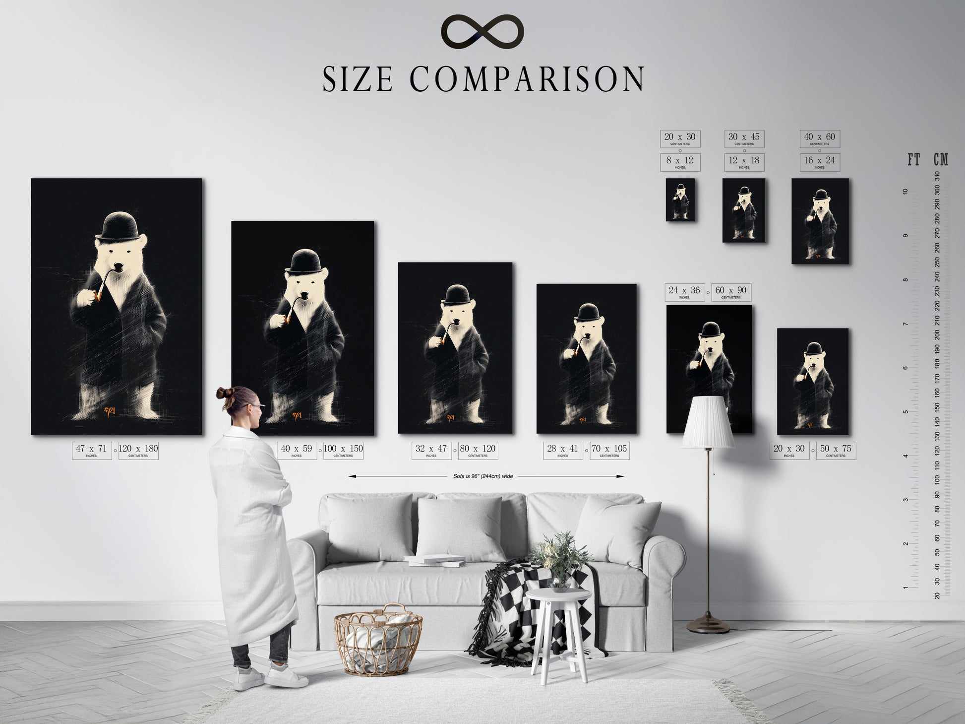 This is a size comparison chart. It shows artwork in a room setting. The chart helps visualize different art sizes. It allows you to choose the perfect piece. Ensure your art fits your space beautifully.