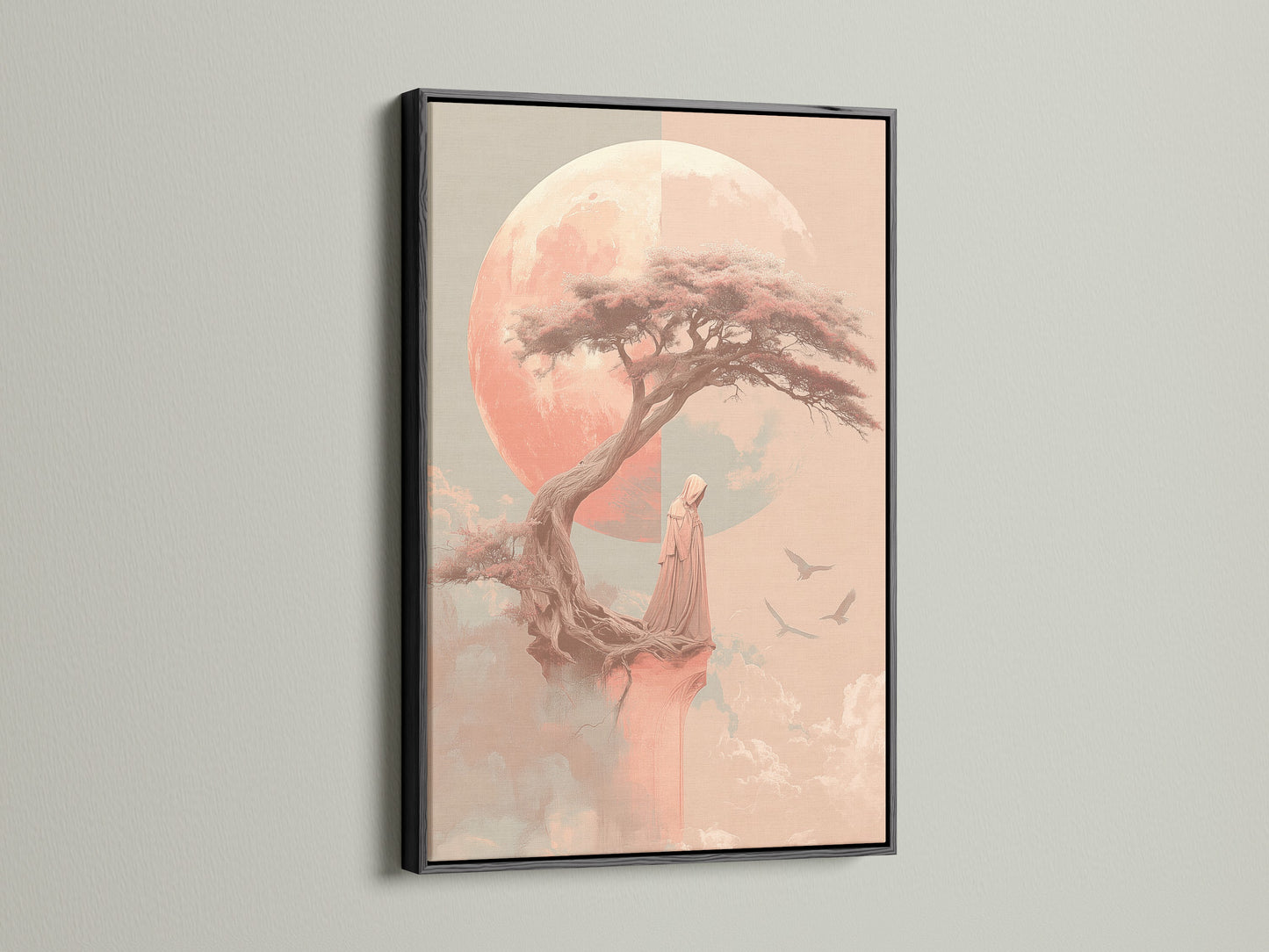 Zen Tree art print with a black frame. A striking contrast enhances this peaceful monk poster. Ideal as meditation art for a serene bedroom. This zen wall art creates a tranquil environment.