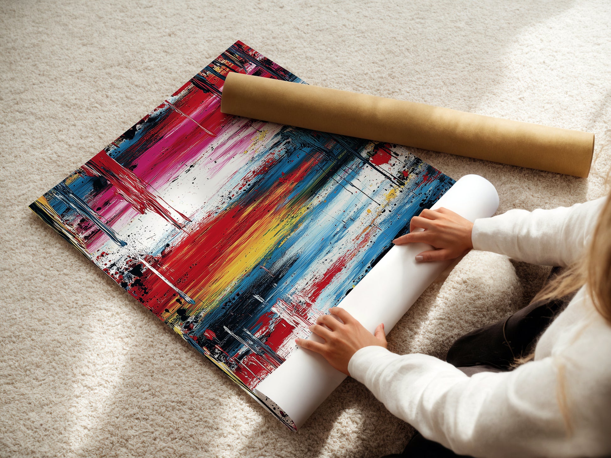 A woman is carefully rolling a fine art poster paper. The high-quality paper ensures vibrant colors and sharp details for stunning art prints. Perfect for creating custom artwork for your home or office. Explore our range of fine art paper options.