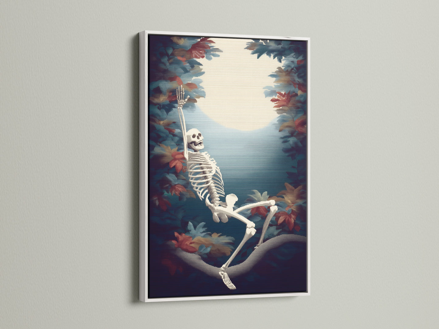 Skeleton Canvas Print in a white frame. This Halloween print is ideal for gothic wall art. Discover macabre art and autumn leaves art. Perfect for dark academia and skeleton decor.