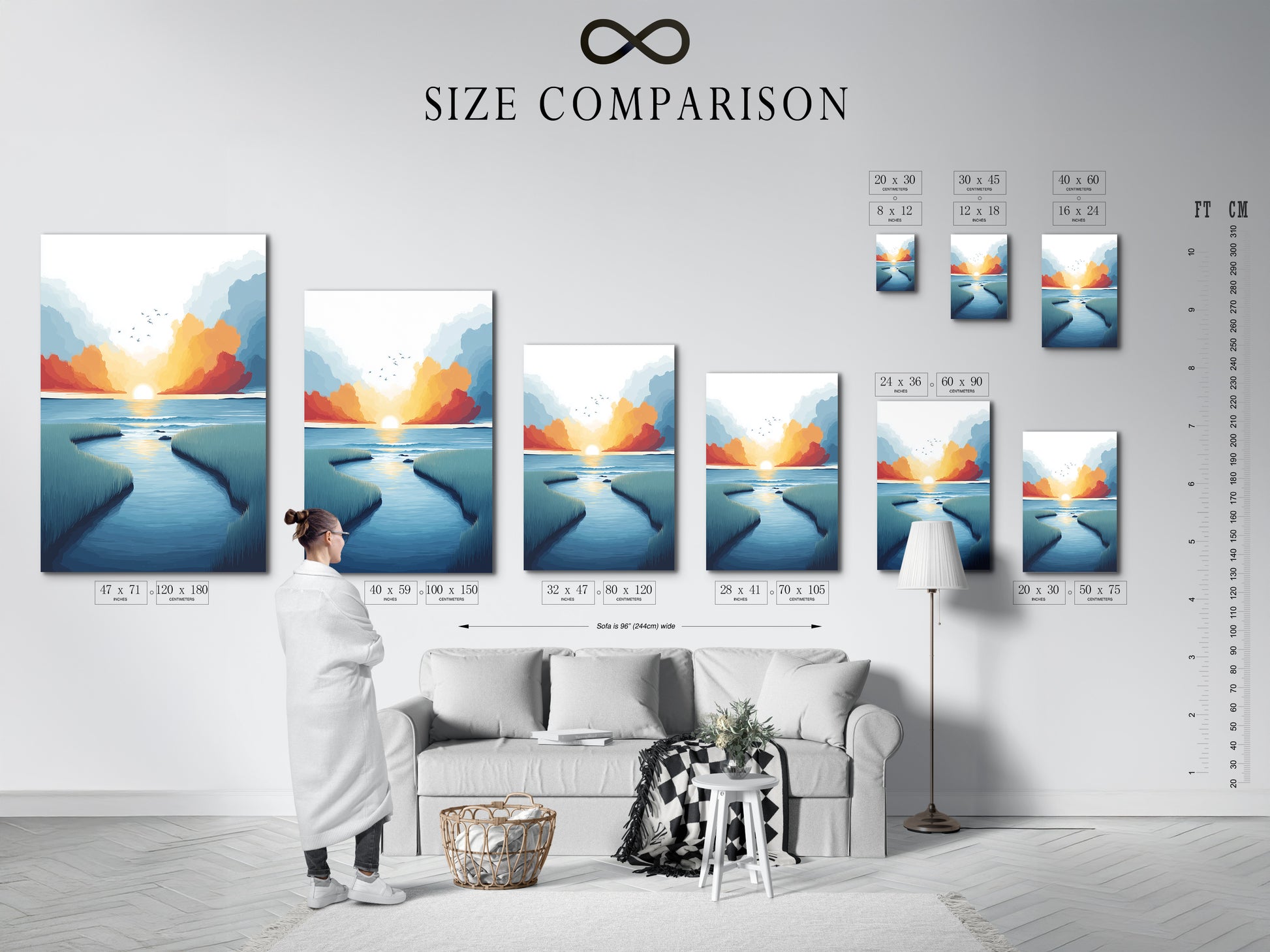 Size comparison chart in an interior setting. Visualize how the coastal marsh canvas print fits your space. The sunset seascape artwork complements various room sizes. Find the perfect dimensions for your teal and coral wall decor.