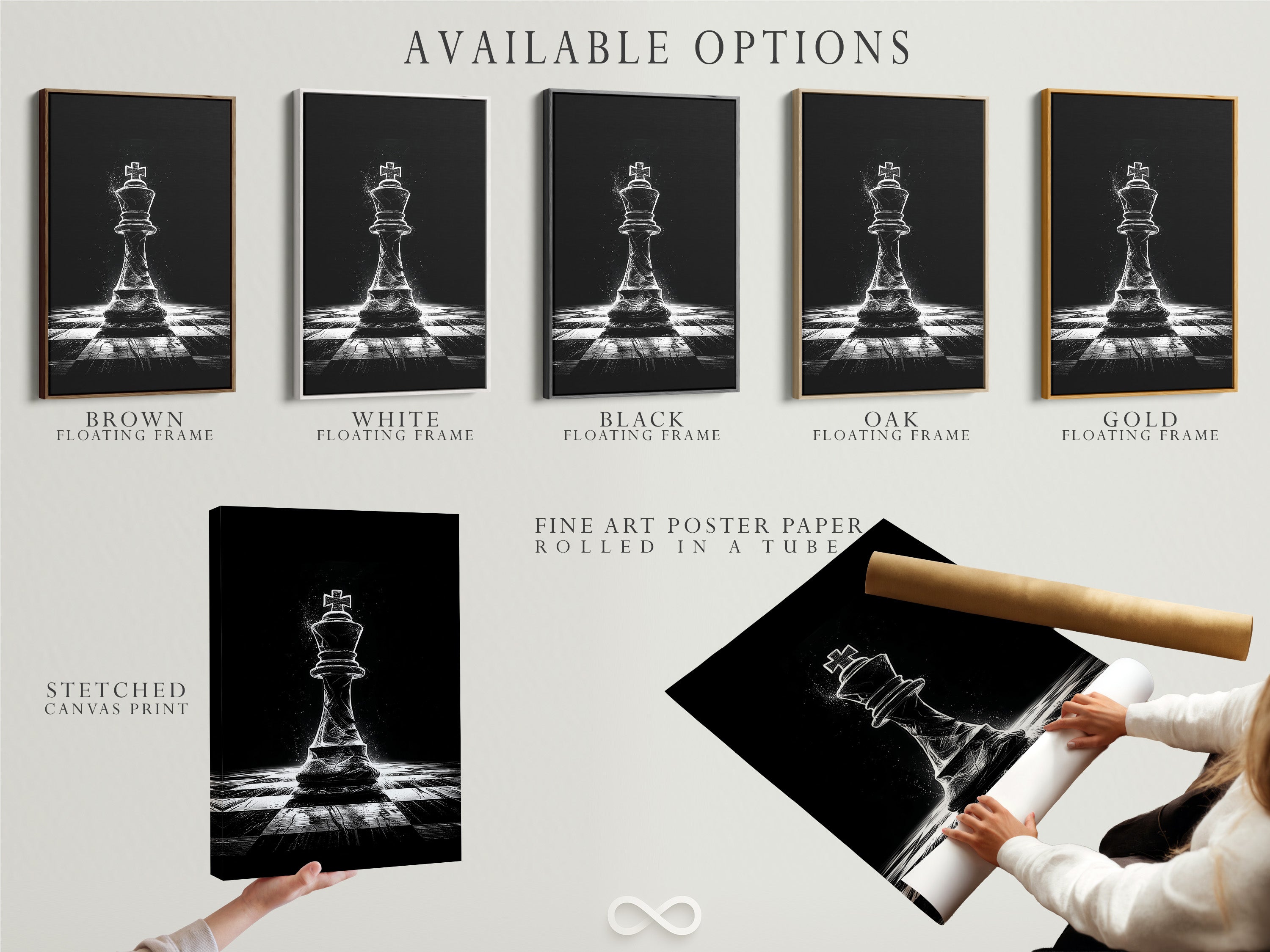 Available options for the chess king artwork are displayed. Choose from a stretched canvas print fine art poster paper or a floating frame. Find the perfect style to match your decor. Elevate your space with modern wall art.