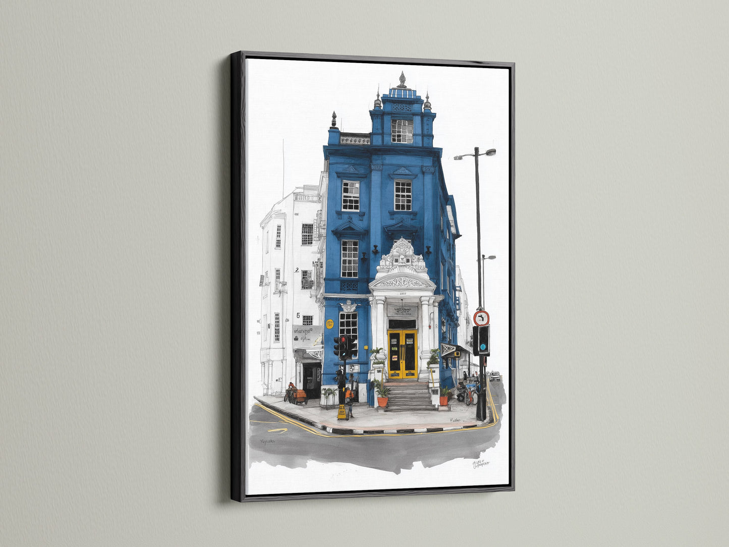 London Architecture Art in a black frame. This urban cityscape wall art features a blue building with a yellow door. Find the perfect frame to match your style. Shop now for unique architectural art.